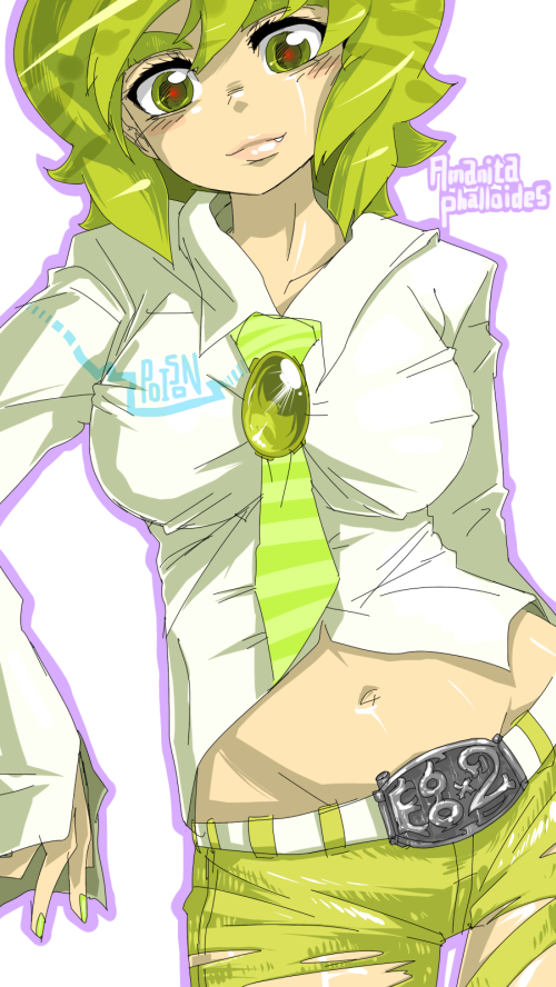 oso (toolate), amanita phalloides, original, oso-teki kinoko gijinka zukan, 1girl, belt, fang, female focus, green eyes, green hair, green nails, matching hair/eyes, midriff, mushroom, nail polish, necktie, personification, smile, solo, torn clothes