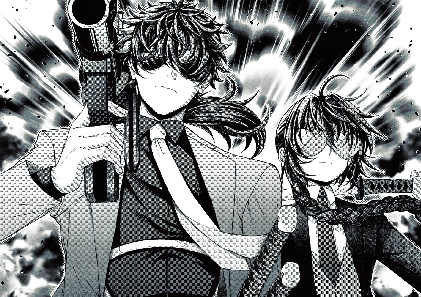 ssm chan 009, miyamoto iori (celebratory attire) (fate), miyamoto iori (fate), yamato takeru (fate), fate/grand order, fate/samurai remnant, fate (series), 1boy, 1other, ahoge, braid, braided ponytail, greyscale, heart, heart-shaped eyewear, holding, holding sword, holding weapon, jacket, jewelry, katana, long hair, long sleeves, monochrome, necklace, necktie, ponytail, shirt, single braid, sword, upper body, weapon
