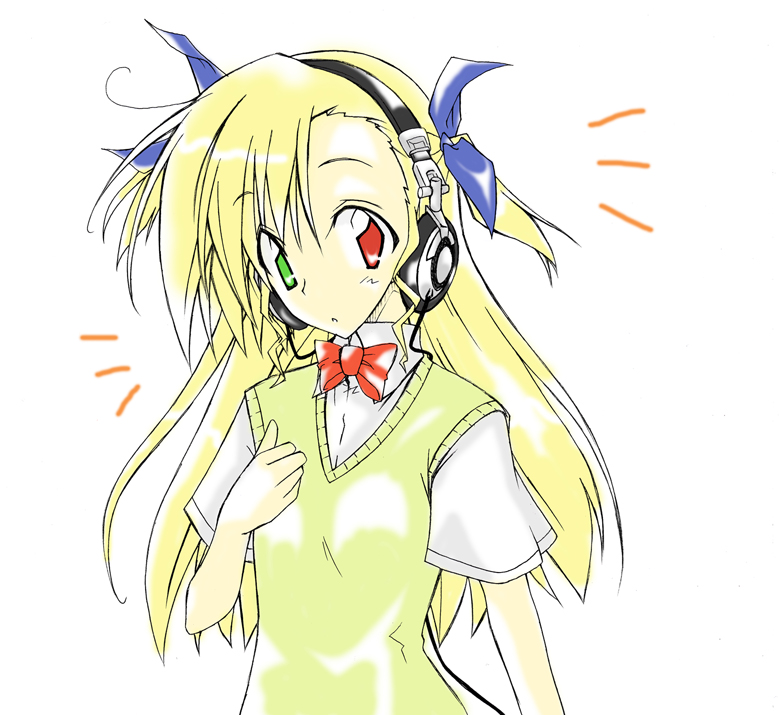 yukino kou, vivio, lyrical nanoha, mahou shoujo lyrical nanoha, mahou shoujo lyrical nanoha strikers, 00s, 1girl, blonde hair, female focus, headphones, heterochromia, solo, sweater