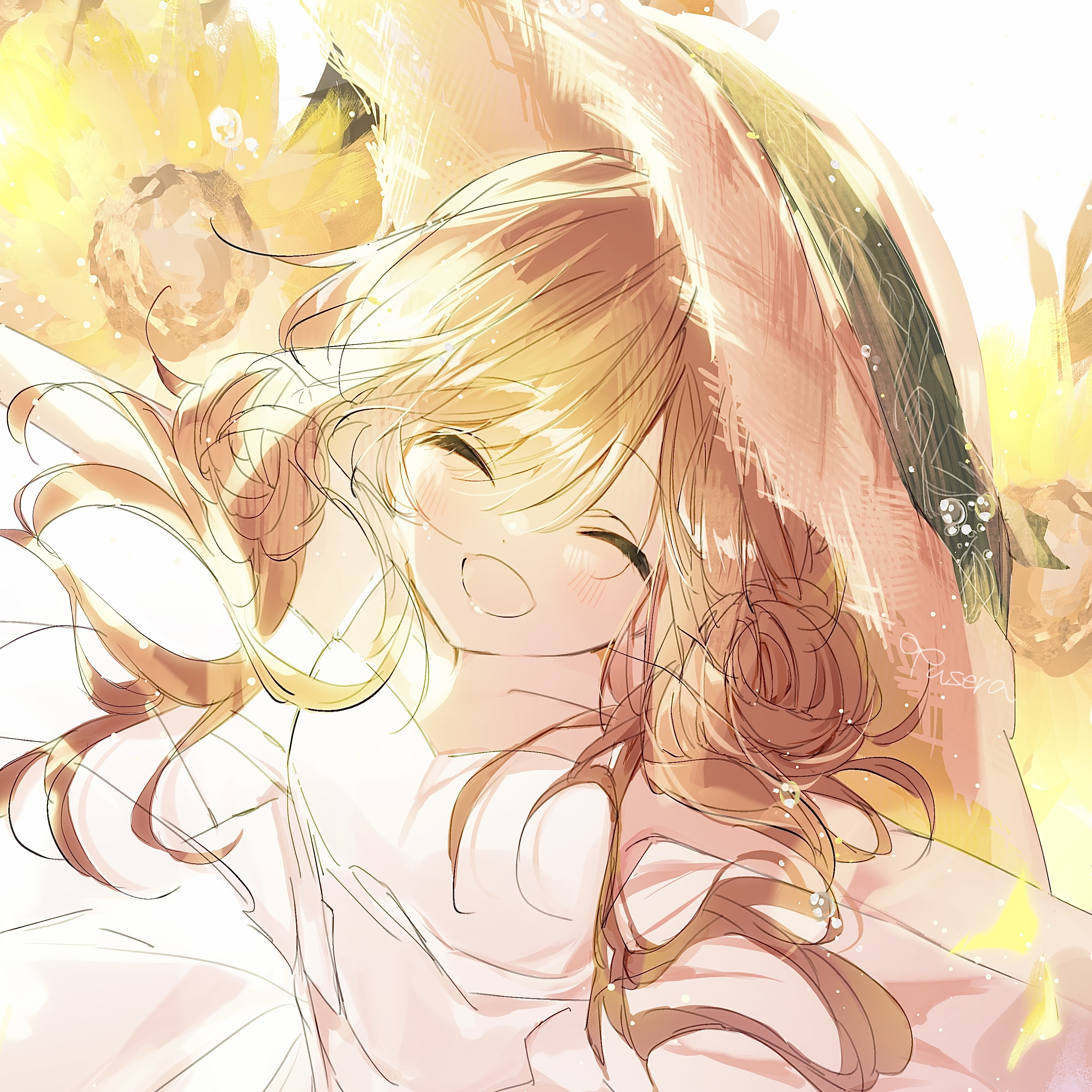 ruki kurage, original, absurdres, highres, 1girl, brown hair, closed eyes, dress, facing viewer, flower, hair bun, hat, long hair, open mouth, outstretched arms, sketch, sleeveless, smile, solo, spread arms, straw hat, sundress, sunflower, white background, white dress