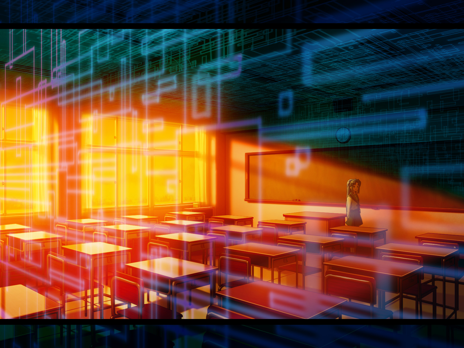 isobe toast, mistery, asakura ryoko, suzumiya haruhi no yuuutsu, bad id, bad pixiv id, highres, 00s, classroom, clock, evening, school, school uniform, serafuku