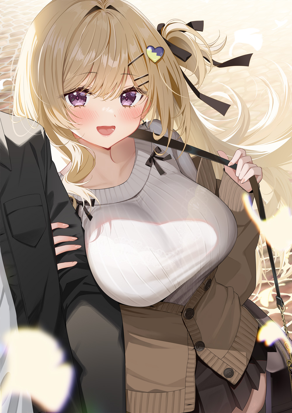 piyopoyo, original, bad source, highres, 1girl, arm hug, bag, black jacket, black ribbon, black skirt, black thighhighs, blonde hair, blush, breasts, brown cardigan, cardigan, cobblestone, collarbone, hair intakes, hair ornament, hair ribbon, hairclip, handbag, heart, heart hair ornament, jacket, large breasts, long hair, open clothes, open jacket, open mouth, partially unbuttoned, pleated skirt, purple eyes, ribbed sweater, ribbon, side ponytail, skirt, solo focus, sweater, thighhighs, white sweater