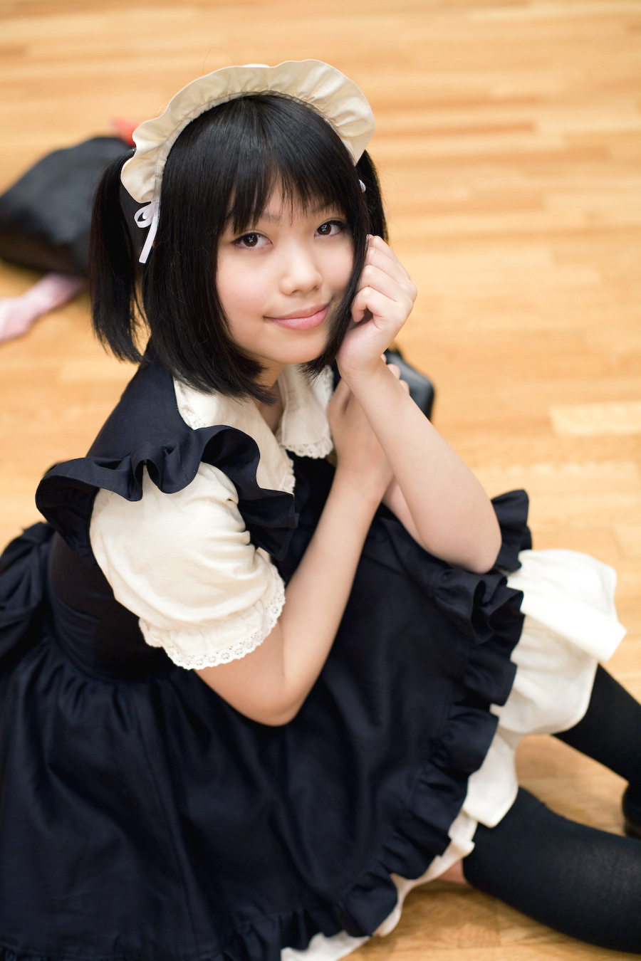 character request, highres, photo (medium), source request, apron, asian, cosplay, kaieda kae, maid, maid apron, thighhighs, twintails