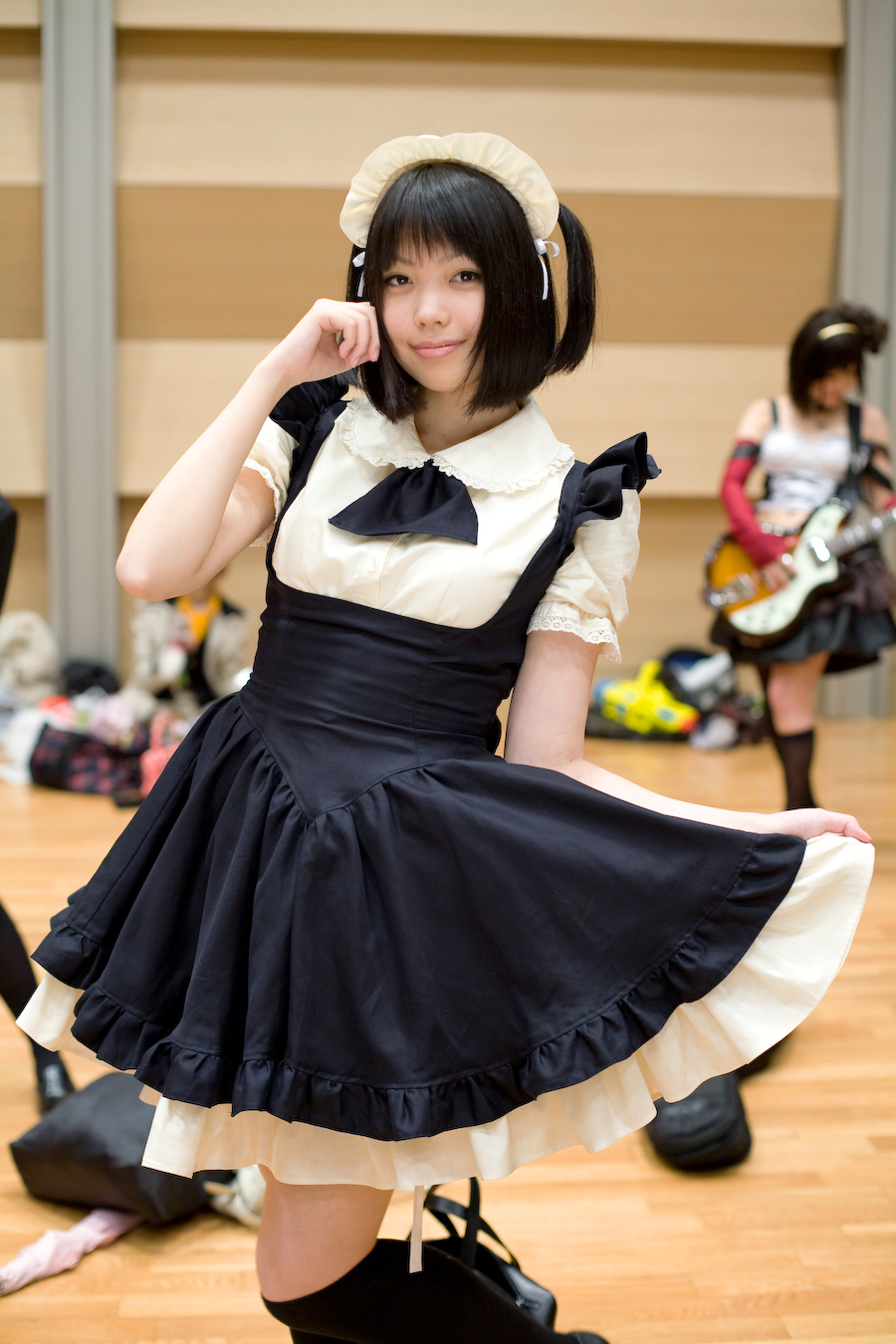 character request, highres, photo (medium), source request, apron, asian, cosplay, kaieda kae, maid, maid apron, thighhighs, twintails