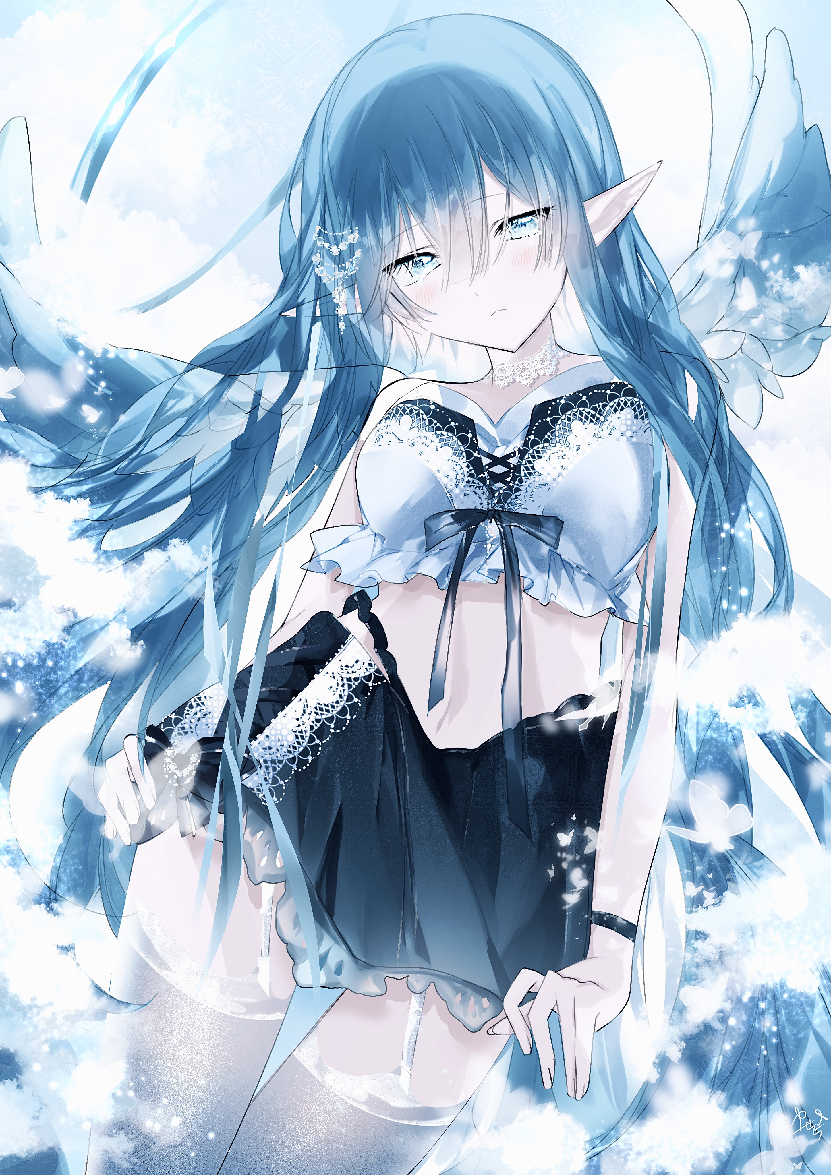 ruki kurage, original, absurdres, highres, 1girl, angel, bare shoulders, black skirt, blue eyes, blue hair, blue wings, blush, breasts, choker, closed mouth, elf, feathered wings, hair between eyes, hair ornament, long hair, looking at viewer, navel, pointy ears, ribbon, skirt, solo, wings