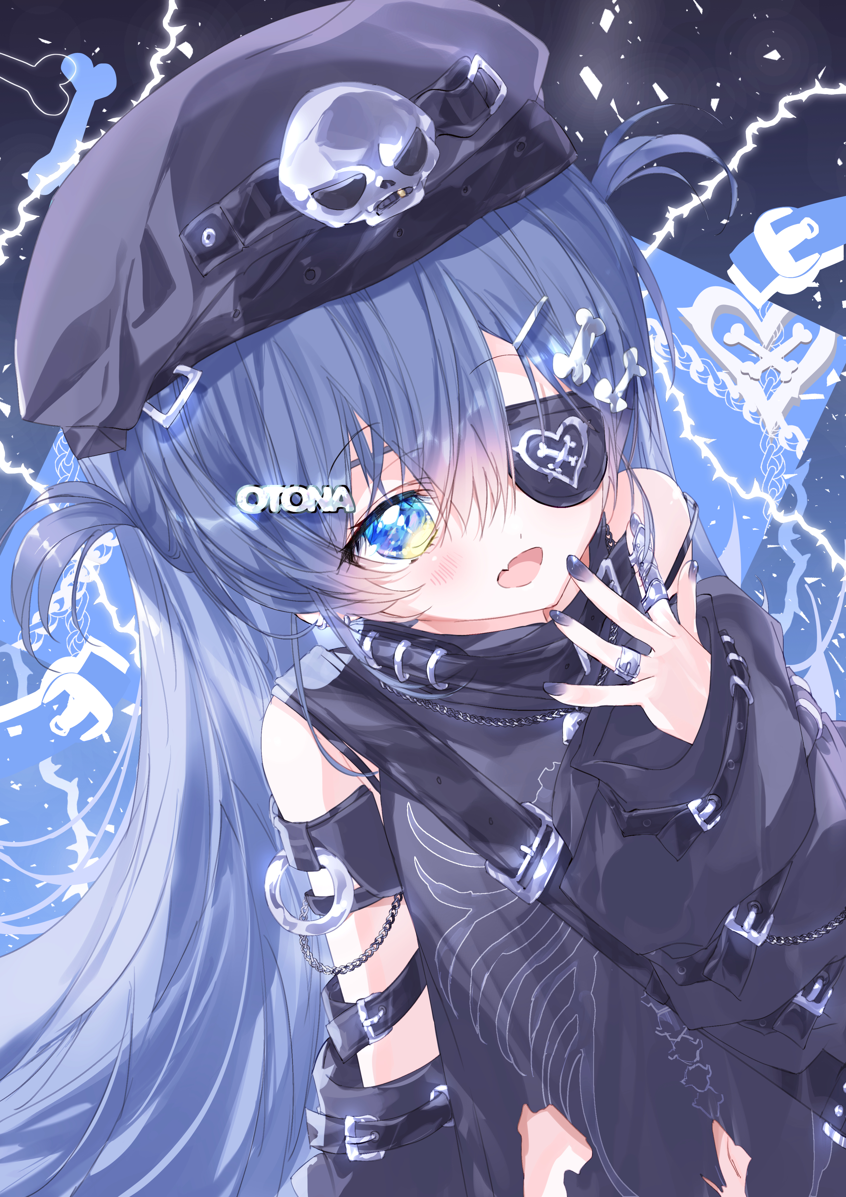 ruki kurage, yano kuromu, vspo!, absurdres, highres, 1girl, black shirt, blue eyes, blue hair, blue nails, blush, eyepatch, fang, hair ornament, jewelry, long hair, long sleeves, looking at viewer, nail polish, open mouth, ring, shirt, skin fang, smile, solo, two side up, virtual youtuber