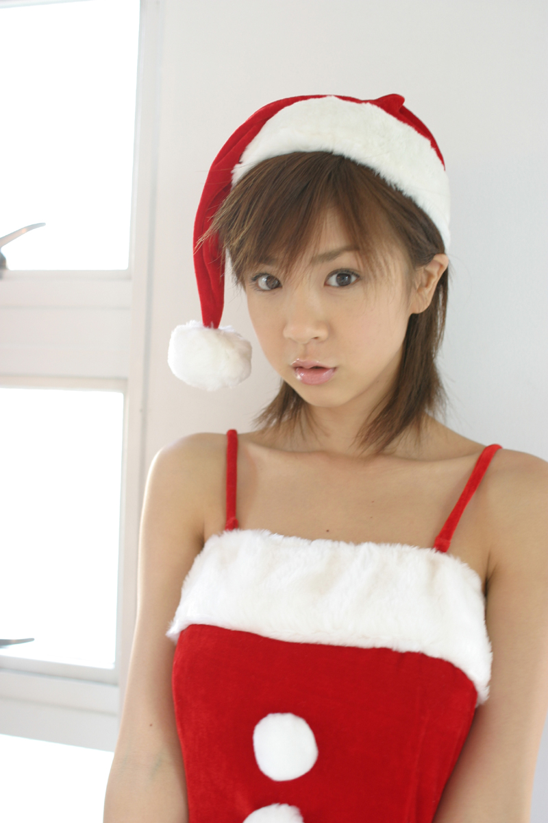 hoshino aki, highres, photo (medium), asian, hat, marshmallow, santa costume, santa hat