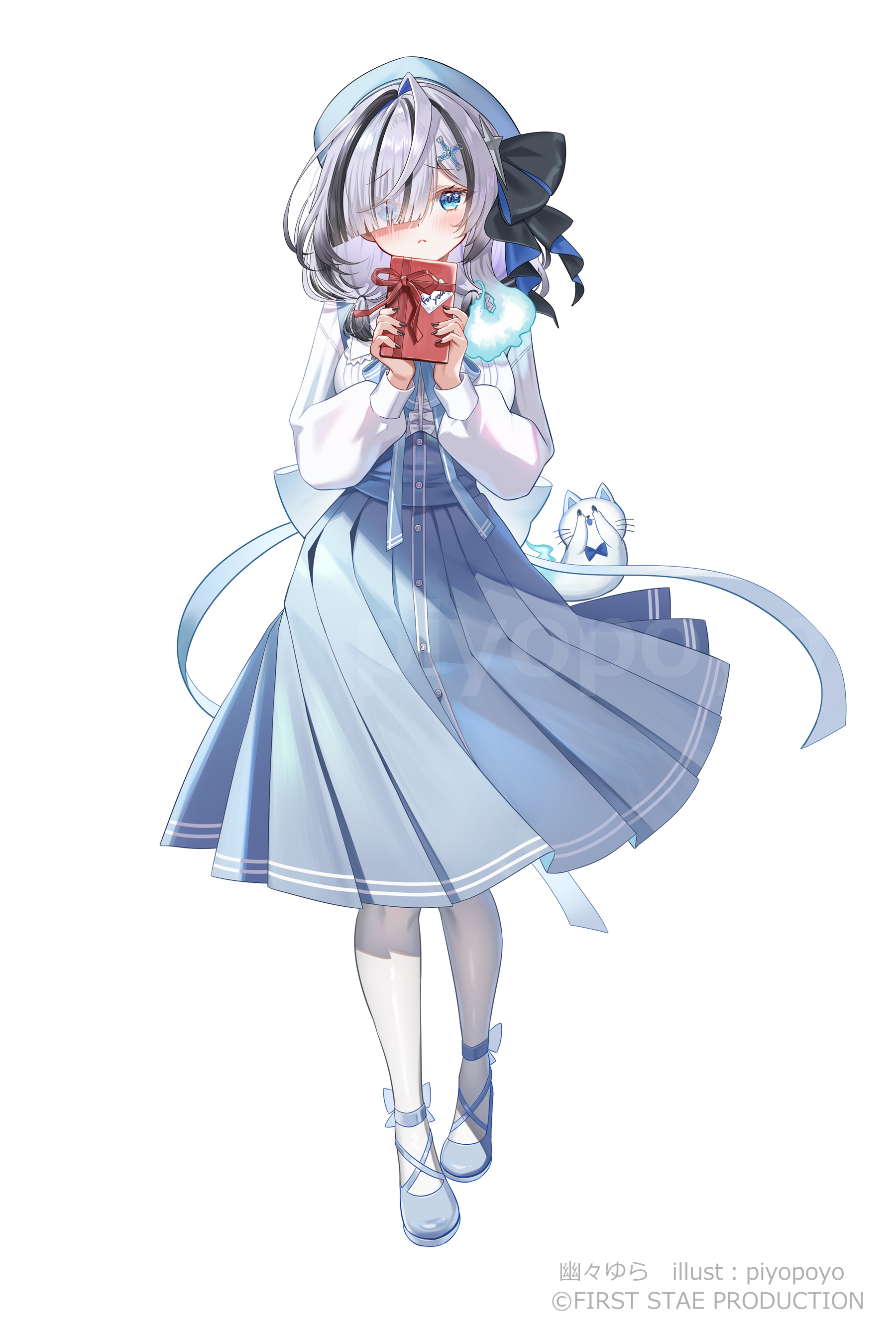 piyopoyo, yuyu yura, first stage production, absurdres, highres, 1girl, artist name, beret, black hair, black nails, black ribbon, blue eyes, blue hat, blue shoes, blue skirt, box, closed mouth, copyright name, eyes visible through hair, full body, gift, gift box, grey hair, hair ornament, hair ribbon, hat, high-waist skirt, holding, holding gift, long sleeves, multicolored hair, pantyhose, ribbon, shadow, shirt, shoes, skirt, streaked hair, watermark, white pantyhose, white shirt