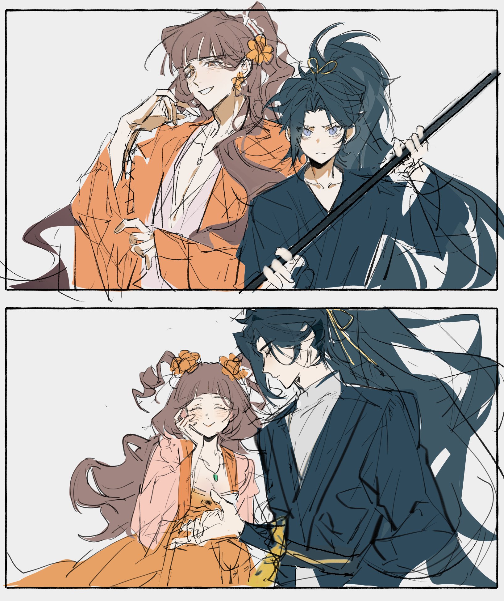 jingshenhuanghu, lin daiyu (project moon), xue baochai (project moon), limbus company, project moon, highres, 2boys, 2girls, blue coat, blue hair, coat, flower, genderswap, genderswap (ftm), hair flower, hair intakes, hair ornament, high ponytail, holding, holding polearm, holding weapon, long hair, long sleeves, looking at viewer, multiple boys, multiple girls, orange flower, orange hanfu, polearm, ponytail, simple background, two side up, very long hair, weapon, white background