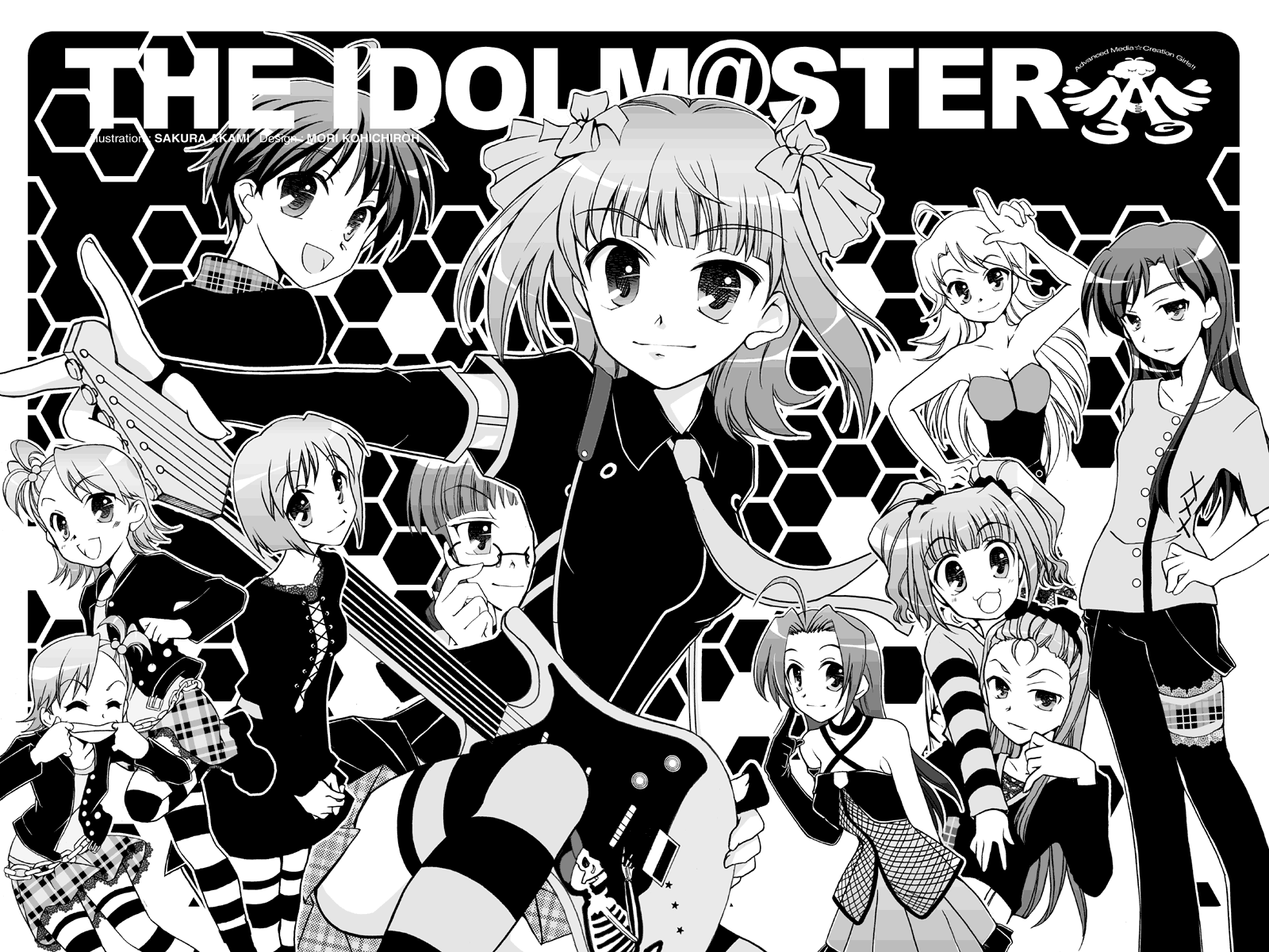 gunp, mori kouichirou, akizuki ritsuko, amami haruka, futami ami, futami mami, hagiwara yukiho, hoshii miki, kikuchi makoto, kisaragi chihaya, minase iori, miura azusa, takatsuki yayoi, idolmaster, idolmaster (classic), idolmaster 1, highres, 00s, 6+girls, bare shoulders, everyone, greyscale, monochrome, multiple girls, punkish gothic, siblings, sisters, skirt, standing, twins