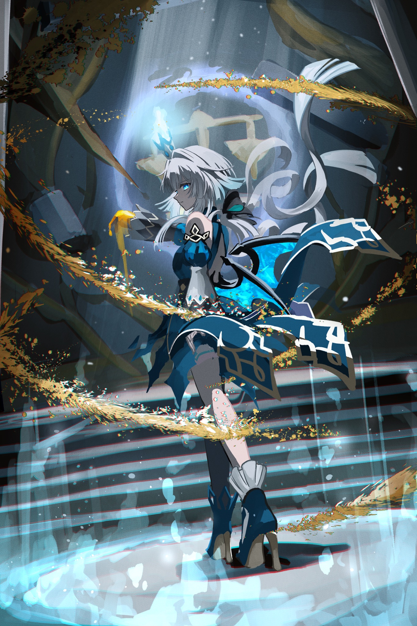 wira, cerydra (honkai: star rail), honkai: star rail, honkai (series), highres, 1girl, bare shoulders, blue dress, blue eyes, blurry, crown, depth of field, dress, long hair, long sleeves, looking at viewer, mini crown, perspective, solo, stairs, white hair, wings