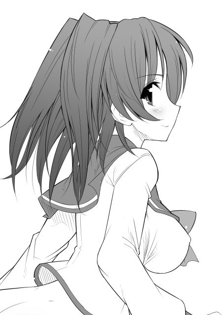 aida takanobu, kousaka tamaki, to heart (series), to heart 2, 00s, 1girl, breasts, butt crack, covered erect nipples, dimples of venus, female focus, from behind, greyscale, impossible clothes, impossible shirt, large breasts, looking back, monochrome, shirt, smile, solo