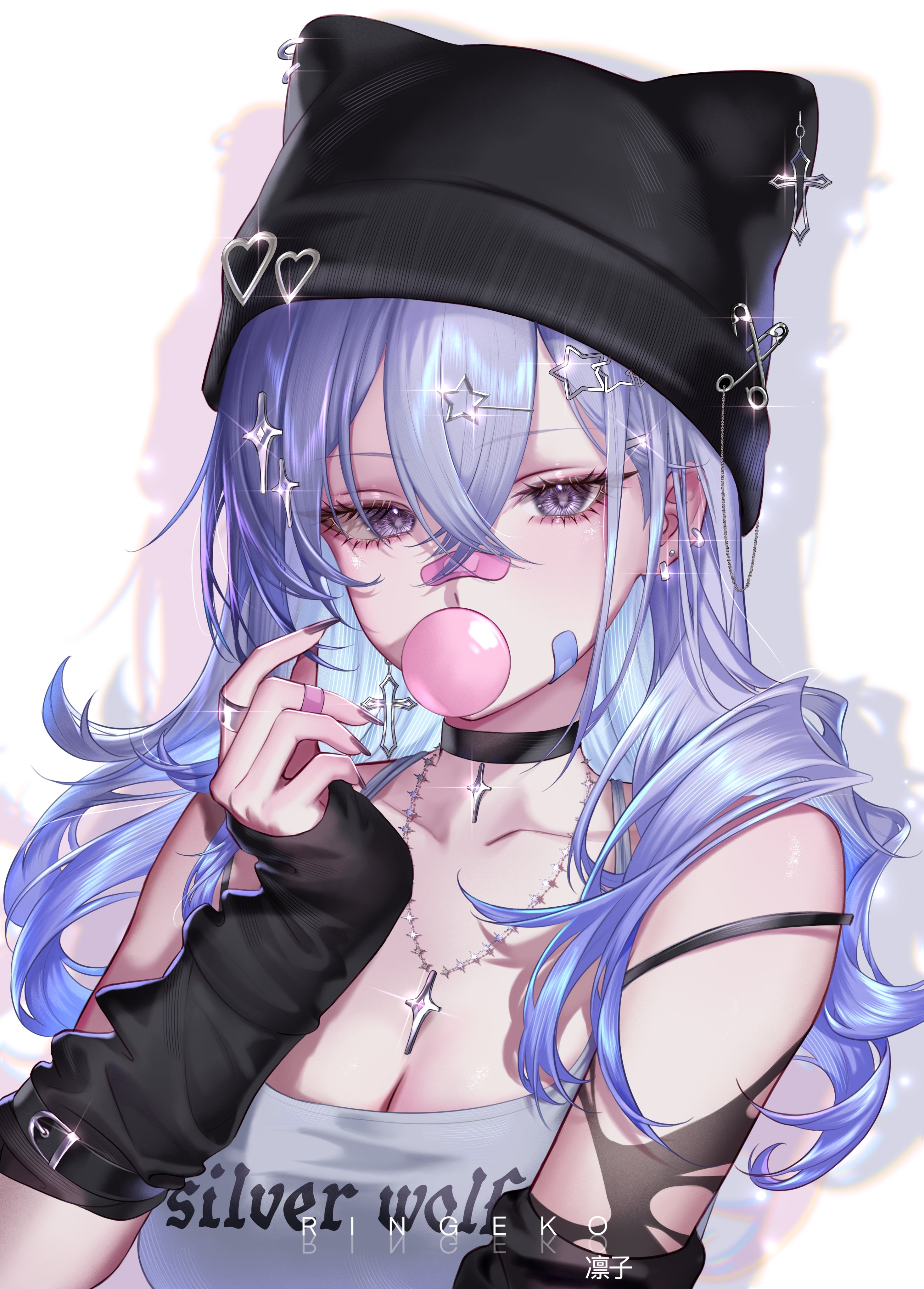 ringeko-chan, silver wolf (honkai: star rail), honkai: star rail, honkai (series), absurdres, commentary, highres, 1girl, alternate costume, artist name, bandaid, bandaid on face, bandaid on nose, bare shoulders, black choker, black hat, blowing bubble gum, breasts, chewing gum, choker, cleavage, collarbone, crossed bangs, fingernails, gradient hair, hair between eyes, hair ornament, hand up, hat, long fingernails, looking at viewer, medium breasts, multicolored hair, nail polish, purple eyes, purple hair, purple nails, solo