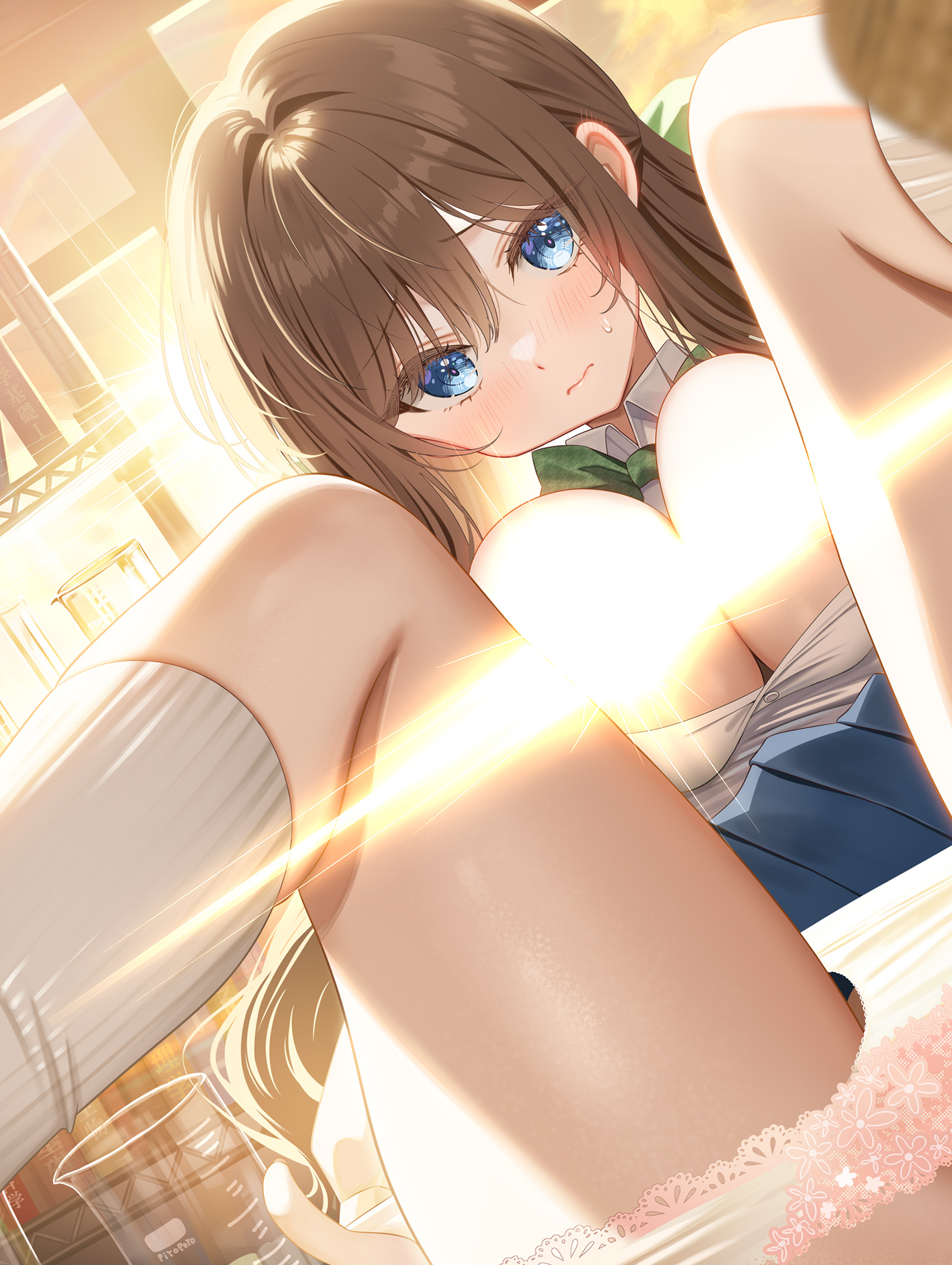 piyopoyo, hisabisa ni atta osananajimi ga iroiro to seichou shiteirunoni nounai dake seichou shiteinakute douyou shiteiru, highres, 1girl, beaker, blue skirt, blush, bow, bowtie, breasts, breasts out, brown hair, closed mouth, convenient censoring, green bow, green bowtie, indoors, light censor, long hair, panties, pleated skirt, school uniform, shirt, skirt, socks, spread legs, sunset, sweat, underwear, white panties, white shirt, white socks, younger sister (childhood friend series)