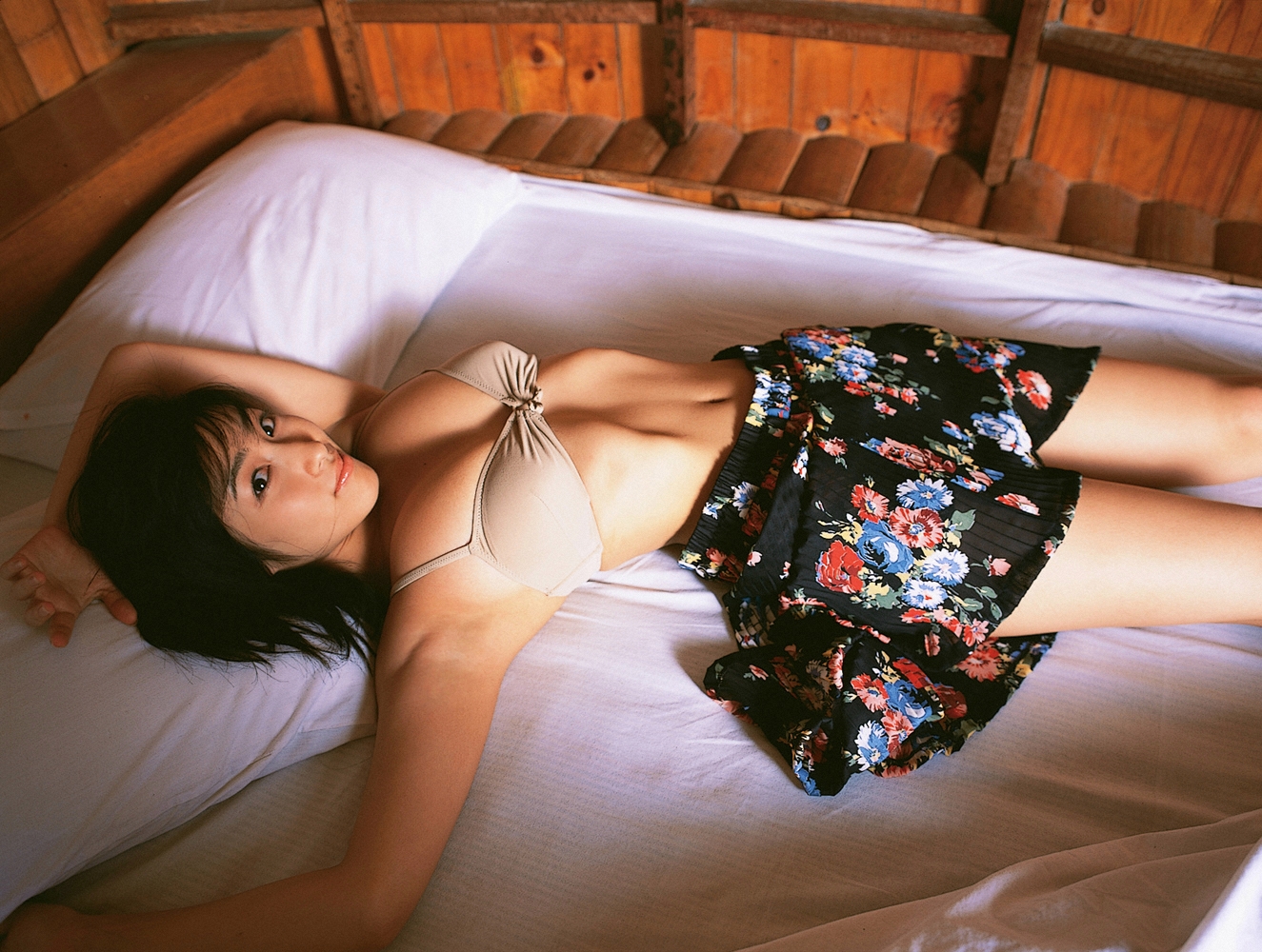 sato hiroki, ysweb vol 32, photo (medium), 1girl, bed, bikini, bikini top only, breasts, cleavage, female focus, indoors, lying, skirt, solo, swimsuit