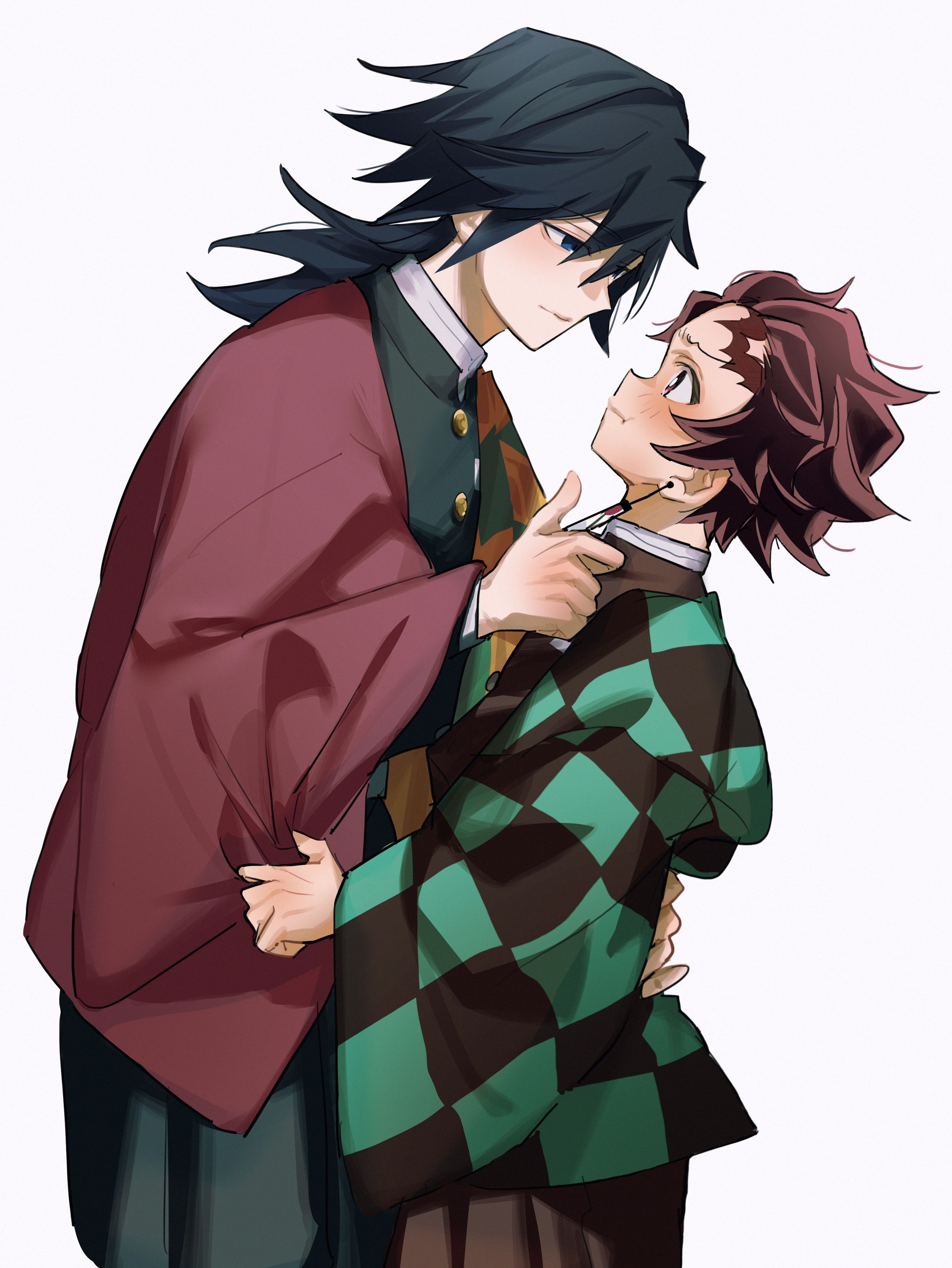 kamado tanjirou, tomioka giyuu, kimetsu no yaiba, absurdres, highres, 2boys, black hair, black jacket, black pants, blue eyes, blush, brown hair, buttons, demon slayer uniform, gold buttons, haori, jacket, japanese clothes, kikkoumon, looking at another, low ponytail, maatuu00, male focus, multiple boys, pants, ponytail, print haori, profile, red haori, short hair, simple background, spiked hair, white background, yaoi