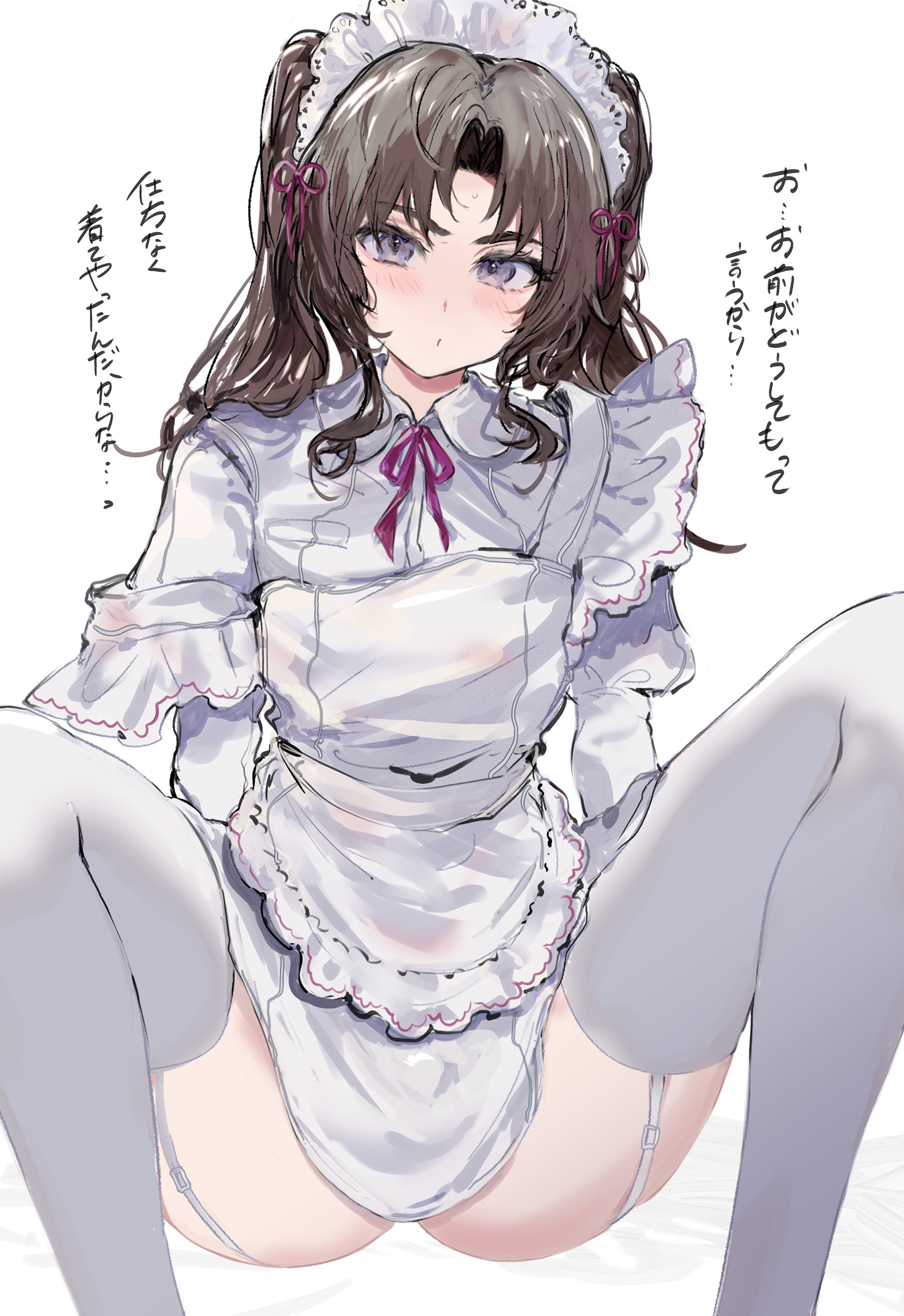 imamiya pinoko, original, absurdres, highres, translated, 1boy, apron, ayase ayato (imamiya pinoko), blush, brown hair, crossdressing, crossdressing (mtf), dress, feet out of frame, frilled dress, frills, hair ribbon, long hair, long sleeves, m legs, maid, maid apron, maid headdress, male focus, male maid, open mouth, panties, puffy sleeves, purple eyes, red ribbon, ribbon, sidelocks, simple background, solo, spread legs, thighhighs, trap, underwear, white background, white dress, white panties, white thighhighs, wide sleeves