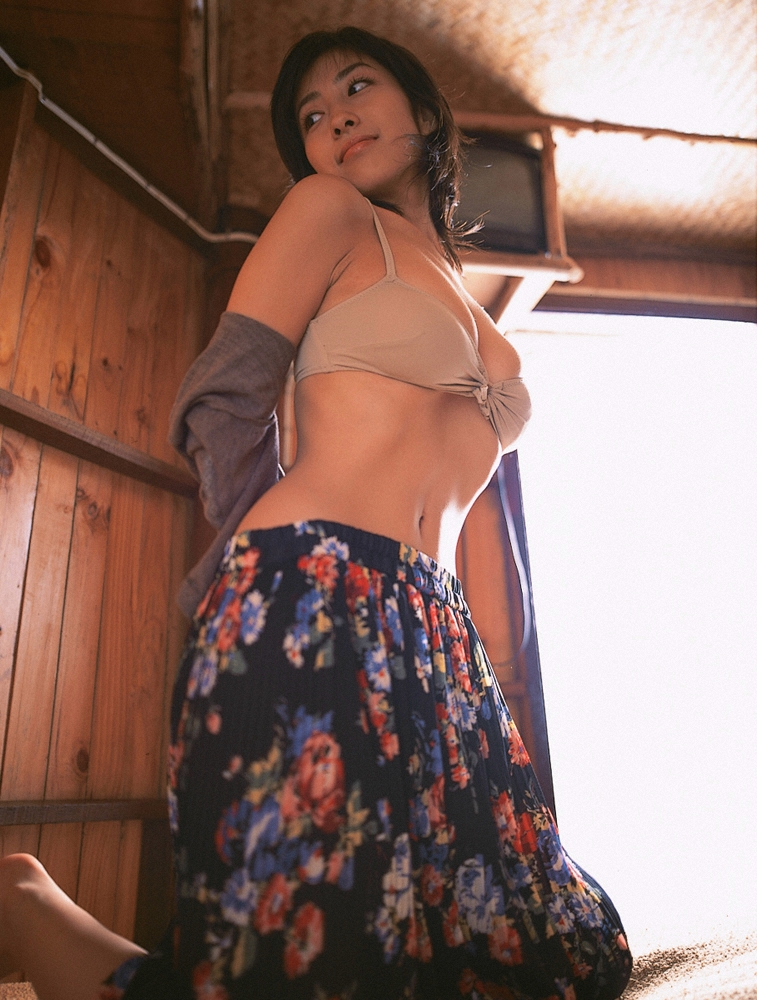 sato hiroko, ysweb vol 32, photo (medium), 1girl, bed, bikini, bikini top only, blouse, breasts, cleavage, female focus, indoors, kneeling, navel, open clothes, open shirt, shirt, skirt, solo, swimsuit