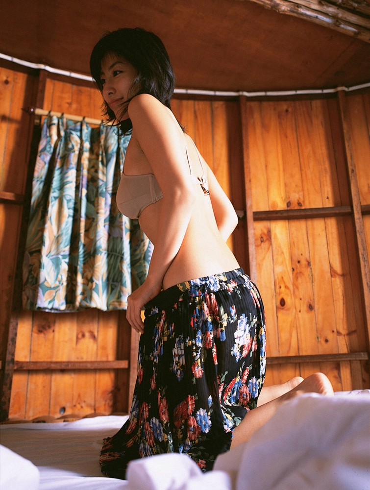 sato hiroko, ysweb vol 32, photo (medium), tagme, 1girl, back, bed, bikini, bikini top only, breasts, clothes pull, female focus, indoors, kneeling, skirt, skirt pull, solo, swimsuit