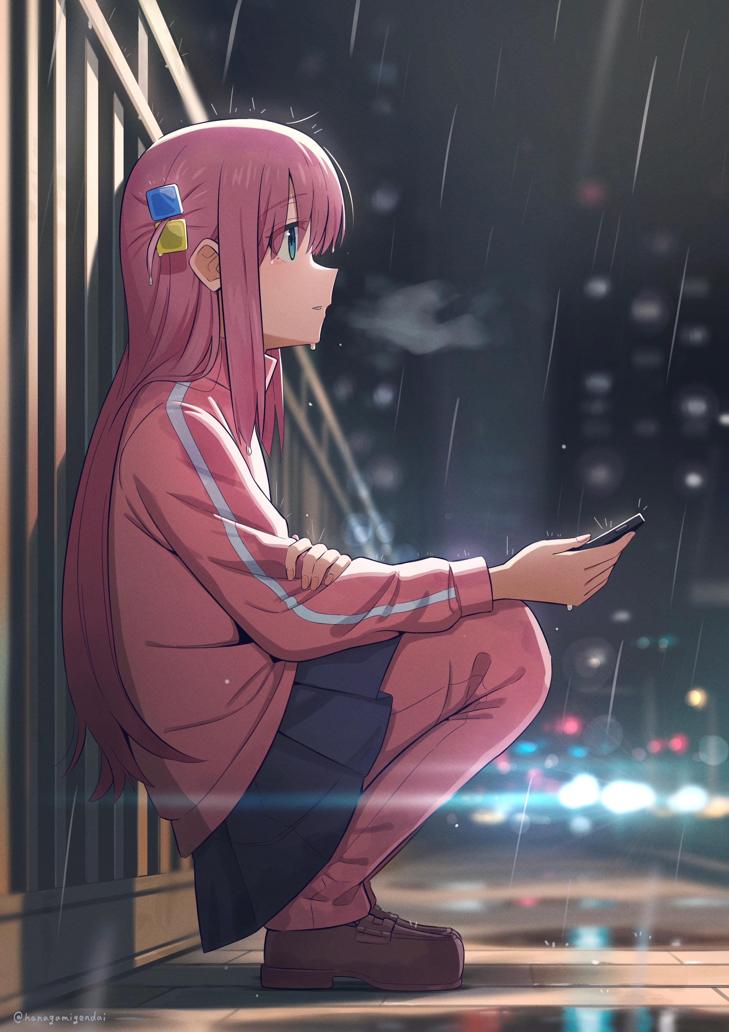hanagamigendai, gotoh hitori, bocchi the rock!, absurdres, commentary request, highres, 1girl, against railing, black skirt, blue eyes, blurry, blurry background, brown shoes, cellphone, full body, hair ornament, holding, holding phone, jacket, lens flare, long hair, night, outdoors, pants, parted lips, phone, pink hair, pink jacket, pink pants, pleated skirt, railing, rain, shoes, skirt, smartphone, solo, squatting, track jacket, track pants, track suit