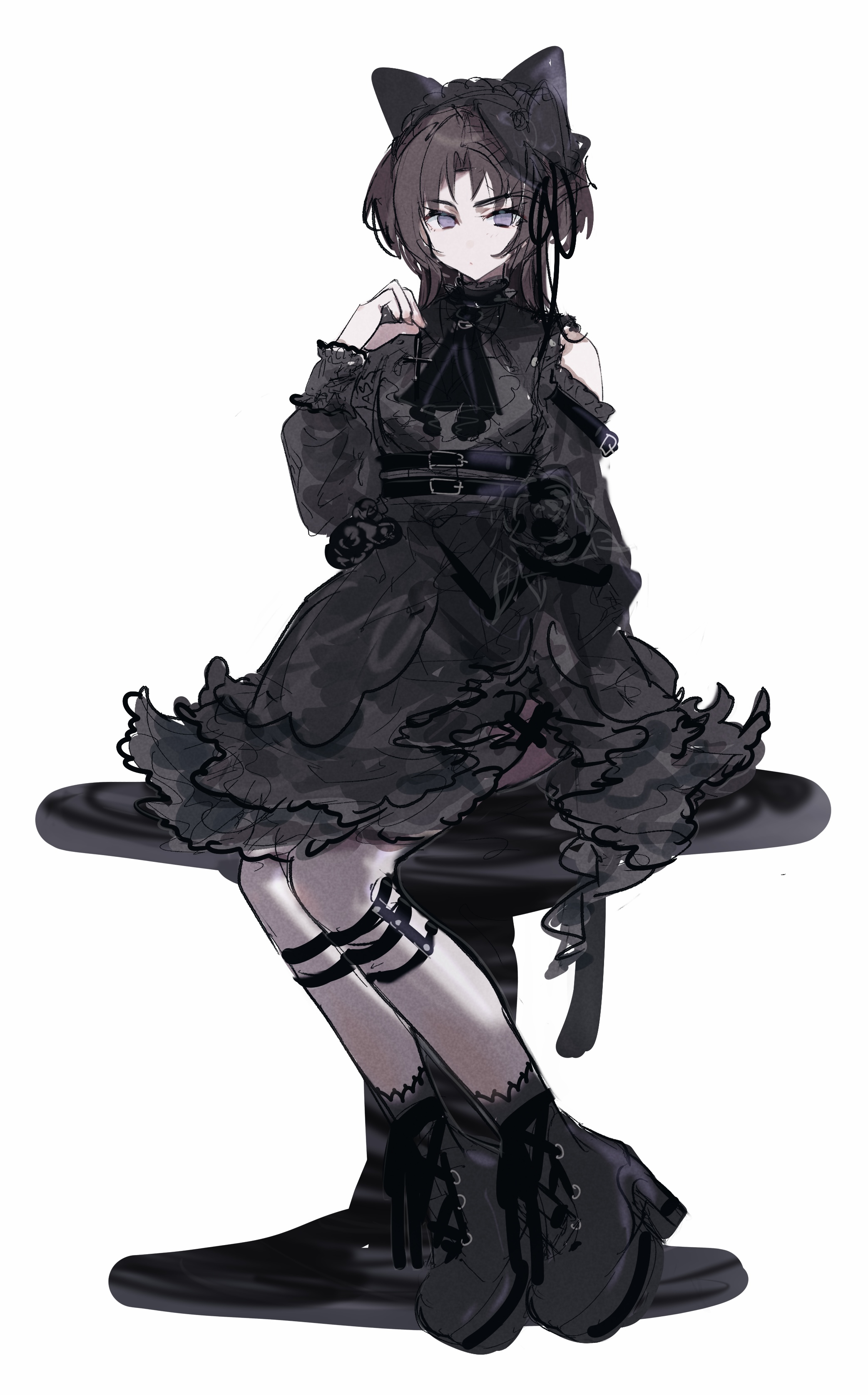 imamiya pinoko, original, absurdres, highres, 1boy, animal ears, ayase ayato (imamiya pinoko), black hair, cat ears, crossdressing, crossdressing (mtf), lolita fashion, platform shoes, purple eyes, sitting, solo, trap, white background
