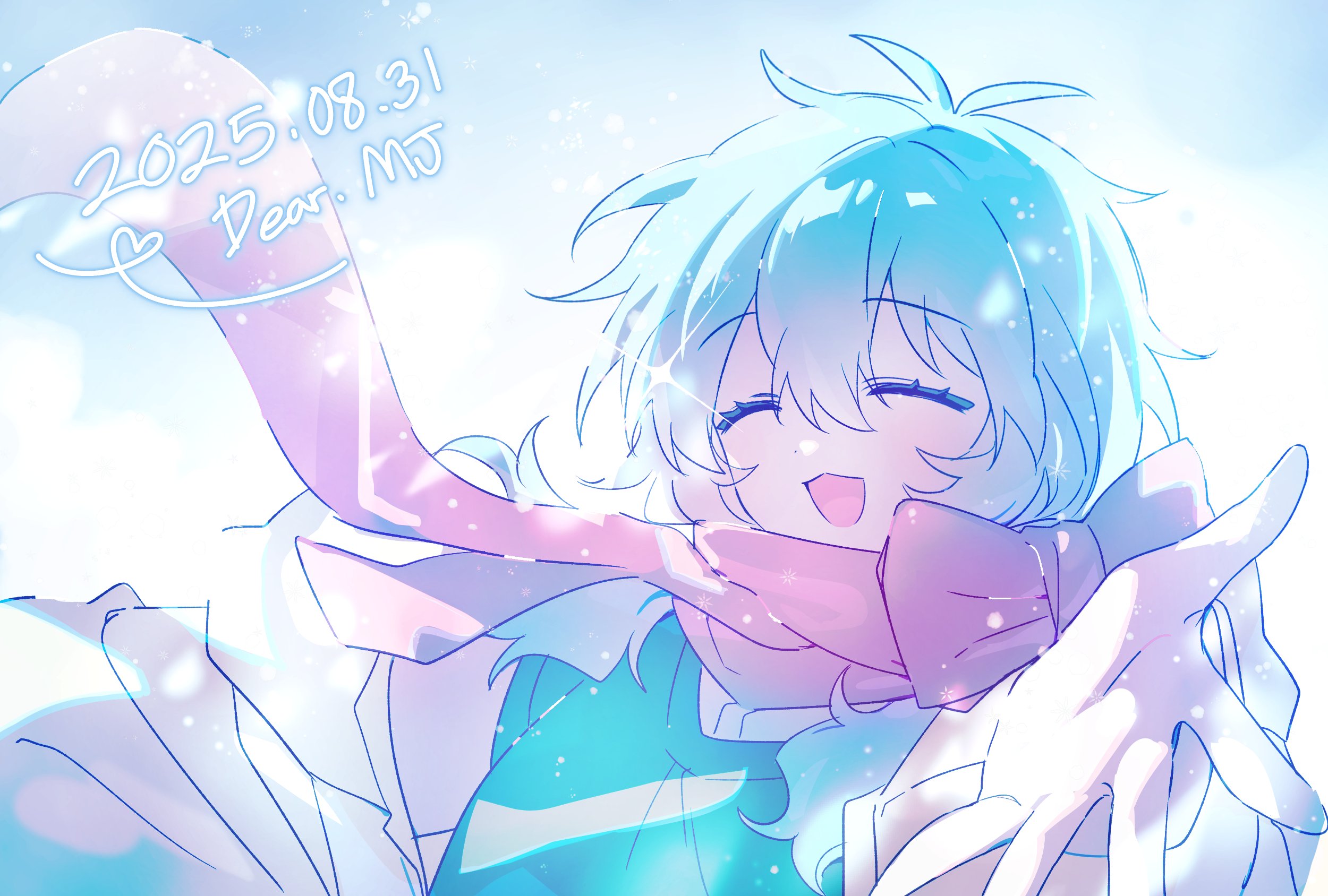 lat1e, zombie high school, highres, 1girl, blue hair, closed eyes, facing viewer, jacket, long sleeves, mj (zombie high school), open mouth, pink scarf, scarf, shirt, smile, solo, sweater vest, white shirt