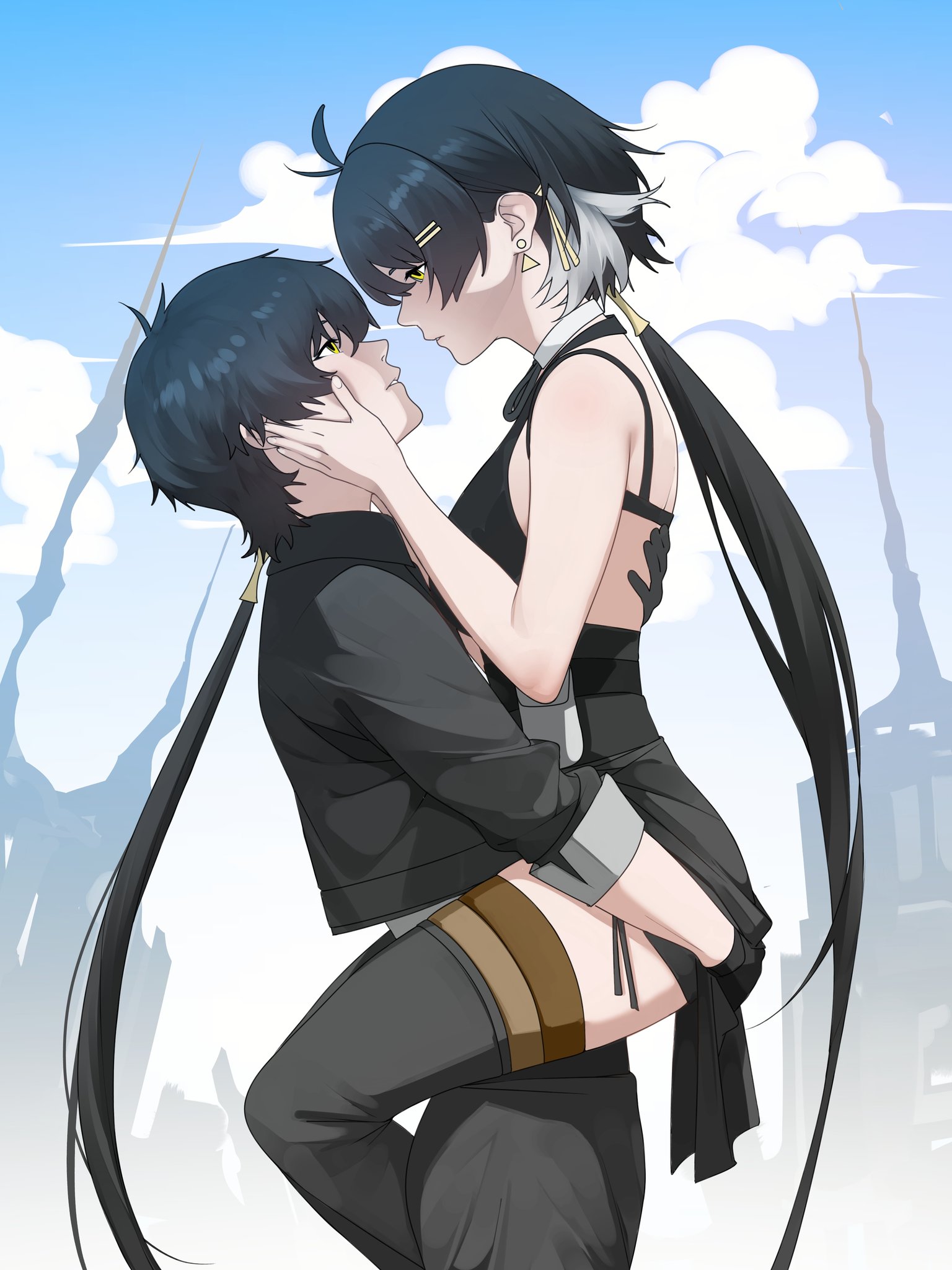 female rover (wuthering waves), male rover (wuthering waves), rover (wuthering waves), wuthering waves, highres, 1boy, 1girl, ahoge, antenna hair, bare shoulders, black dress, black gloves, black hair, black shirt, black thighhighs, blue sky, breasts, cloud, dress, earrings, gloves, grabbing another's ass, groping, hair between eyes, hair ornament, hand on another's face, hetero, hug, imminent kiss, jewelry, lifting person, long hair, looking at another, nelsion, parted lips, selfcest, shirt, sky, thighhighs, triangle earrings, yellow eyes