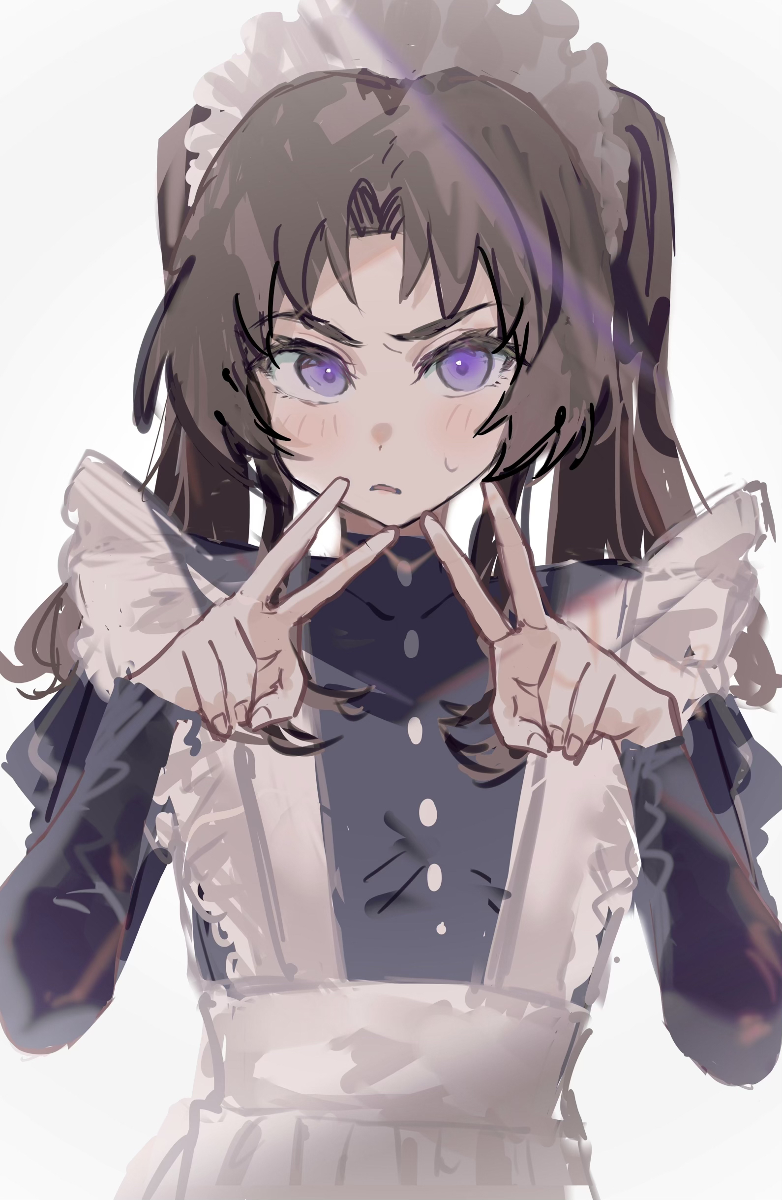 imamiya pinoko, original, absurdres, highres, 1boy, ayase ayato (imamiya pinoko), black hair, crossdressing, crossdressing (mtf), double v, long hair, maid, maid headdress, male maid, purple eyes, solo, sweatdrop, trap, twintails, v, white background