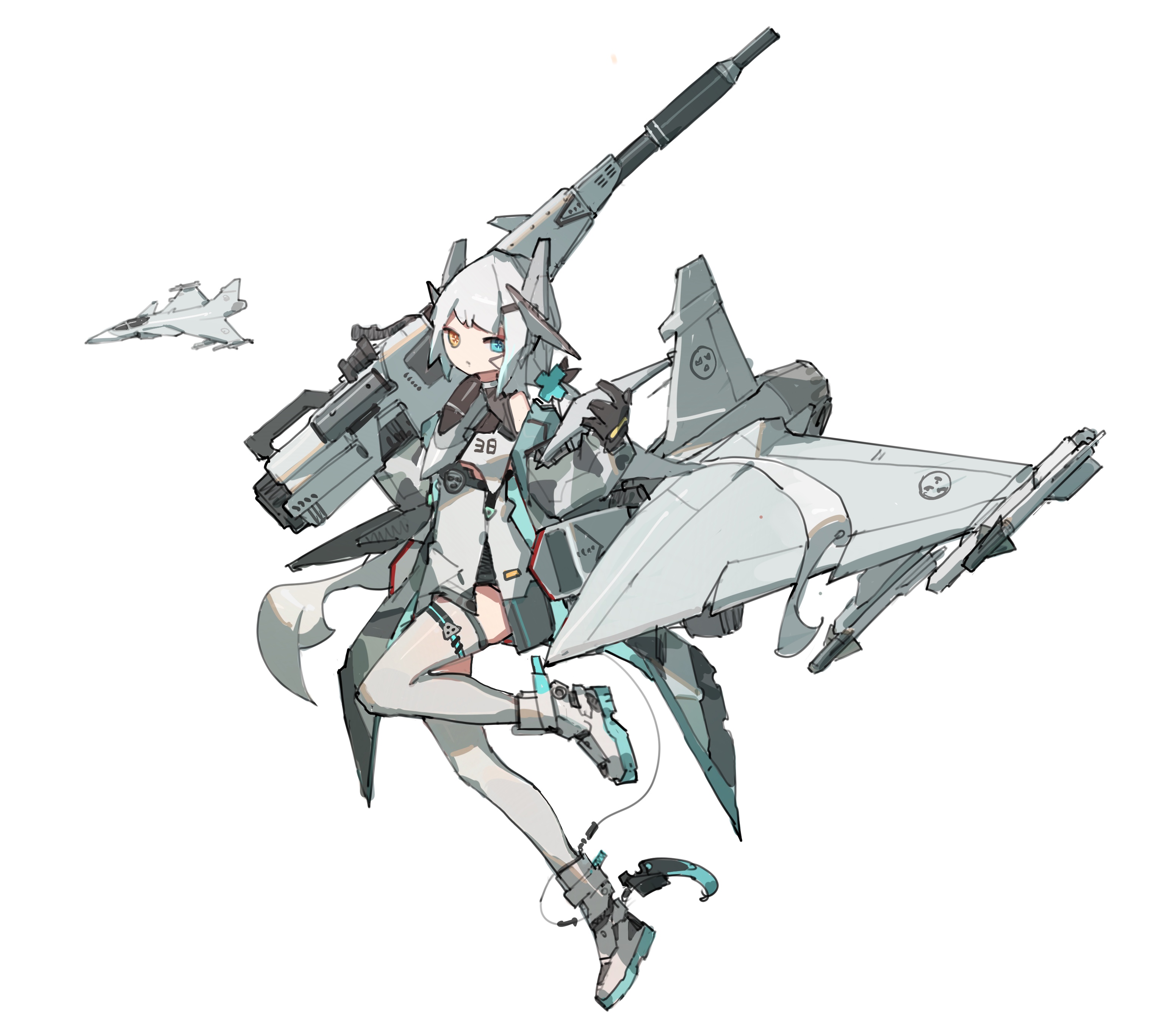 frider, saab gripen (personification), original, war thunder, absurdres, highres, blue eyes, coat of arms, gun, heterochromia, mecha musume, missile, personification, rifle, talons, thighhighs, tre kronor, vehicle and personification, weapon, white hair, white thighhighs, yellow eyes
