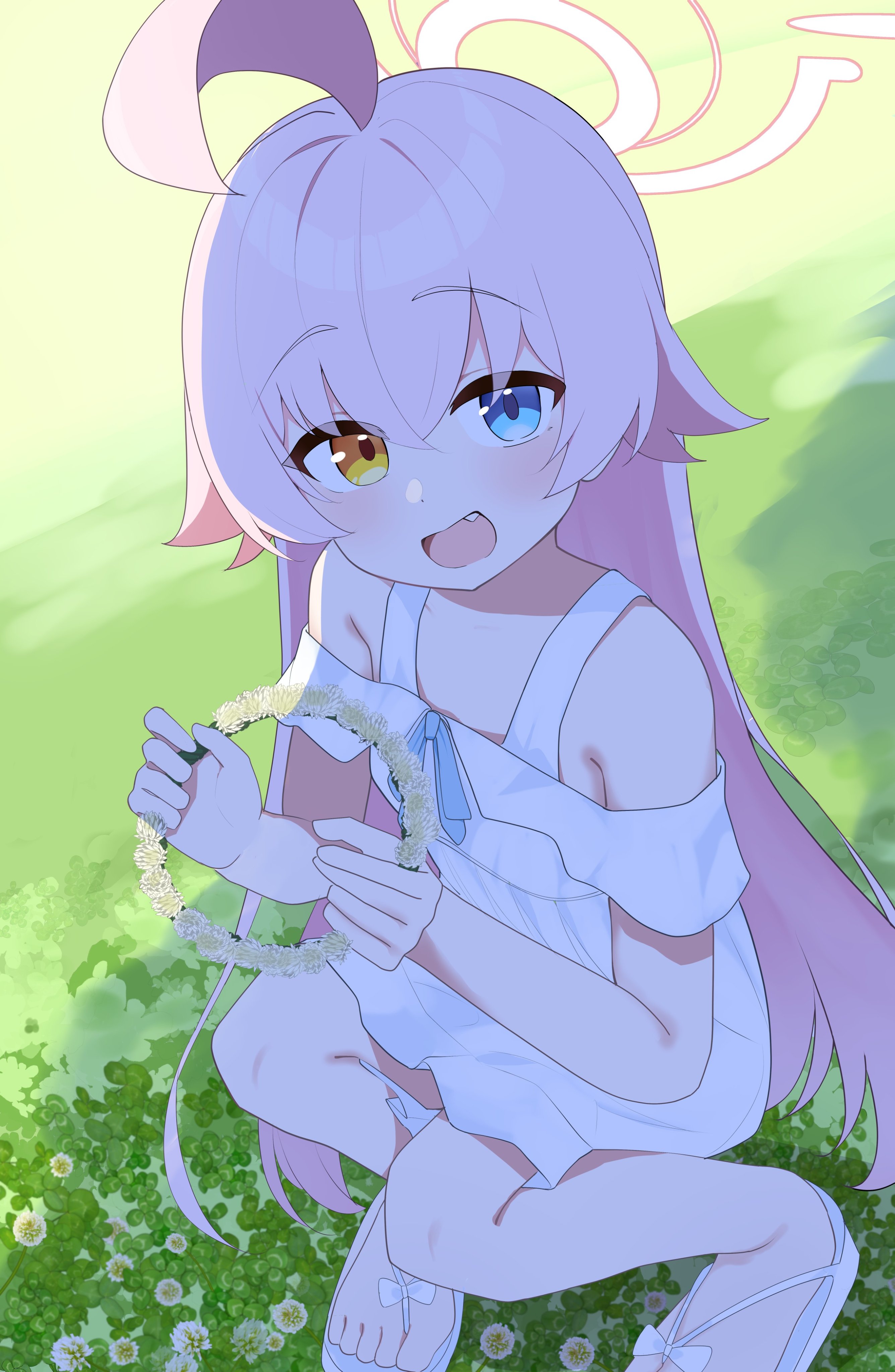 shiroron mochi, hoshino (blue archive), blue archive, absurdres, commentary, highres, 1girl, ahoge, bare shoulders, blue bow, blue eyes, bow, breasts, clothing cutout, crossed bangs, dress, fang, flower, grass, hair flaps, halo, happy, head wreath, heterochromia, holding head wreath, huge ahoge, long hair, looking at viewer, official alternate costume, on grass, outdoors, pink hair, pink halo, sandals, shoulder cutout, small breasts, smile, solo, squatting, sundress, toes, white dress, yellow eyes
