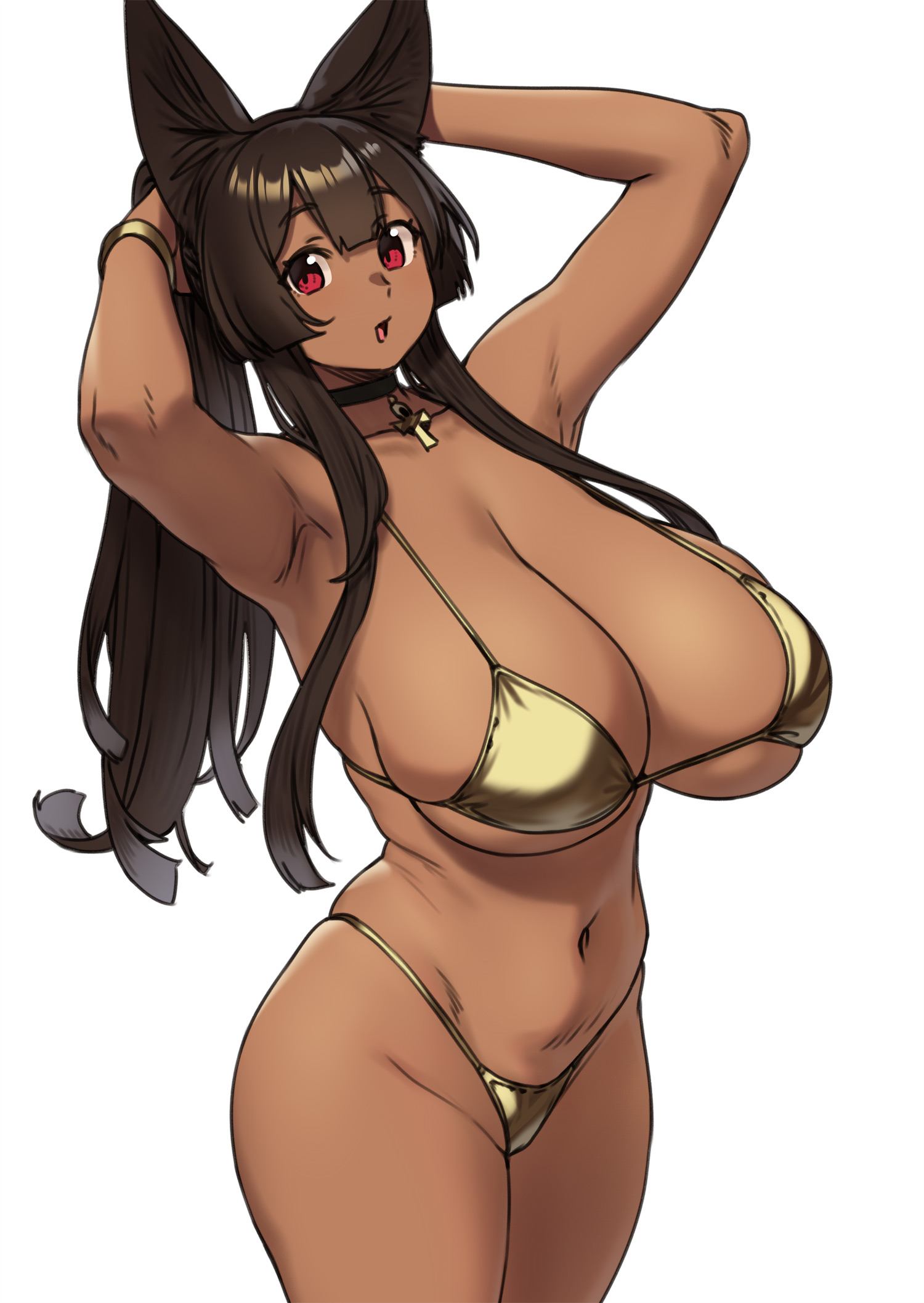 houtengeki, anubis (houtengeki), original, highres, 1girl, :d, animal ears, armpits, arms up, bikini, black choker, black hair, breasts, choker, cleavage, dark-skinned female, dark skin, gold bikini, huge breasts, navel, open mouth, red eyes, simple background, smile, solo, stomach, swimsuit, underboob, white background