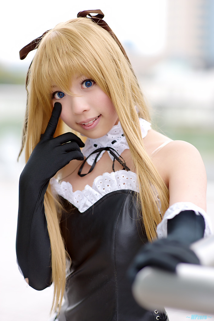 zero inch, souryuu asuka langley, neon genesis evangelion, photo (medium), 1girl, asian, bare shoulders, black gloves, blonde hair, blue eyes, blurry, color contacts, cosplay, depth of field, detached collar, elbow gloves, female focus, finger to eye, frills, gloves, hair ribbon, lace, lace-trimmed gloves, lace trim, outdoors, ribbon, solo, souryuu asuka langley (cosplay), upper body