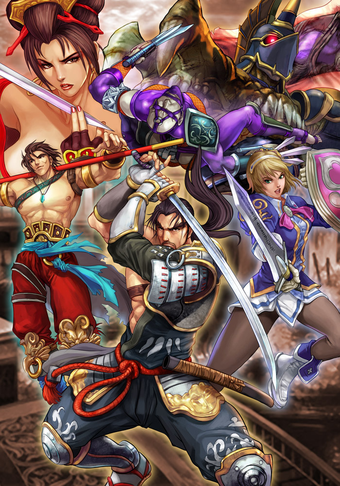 stanley lau, cassandra alexandra, kilik (soulcalibur), mitsurugi, mitsurugi heishirou, nightmare (soulcalibur), setsuka, voldo, soul calibur, everyone, nightmare, pantyhose, samurai, shield, staff, sword, weapon