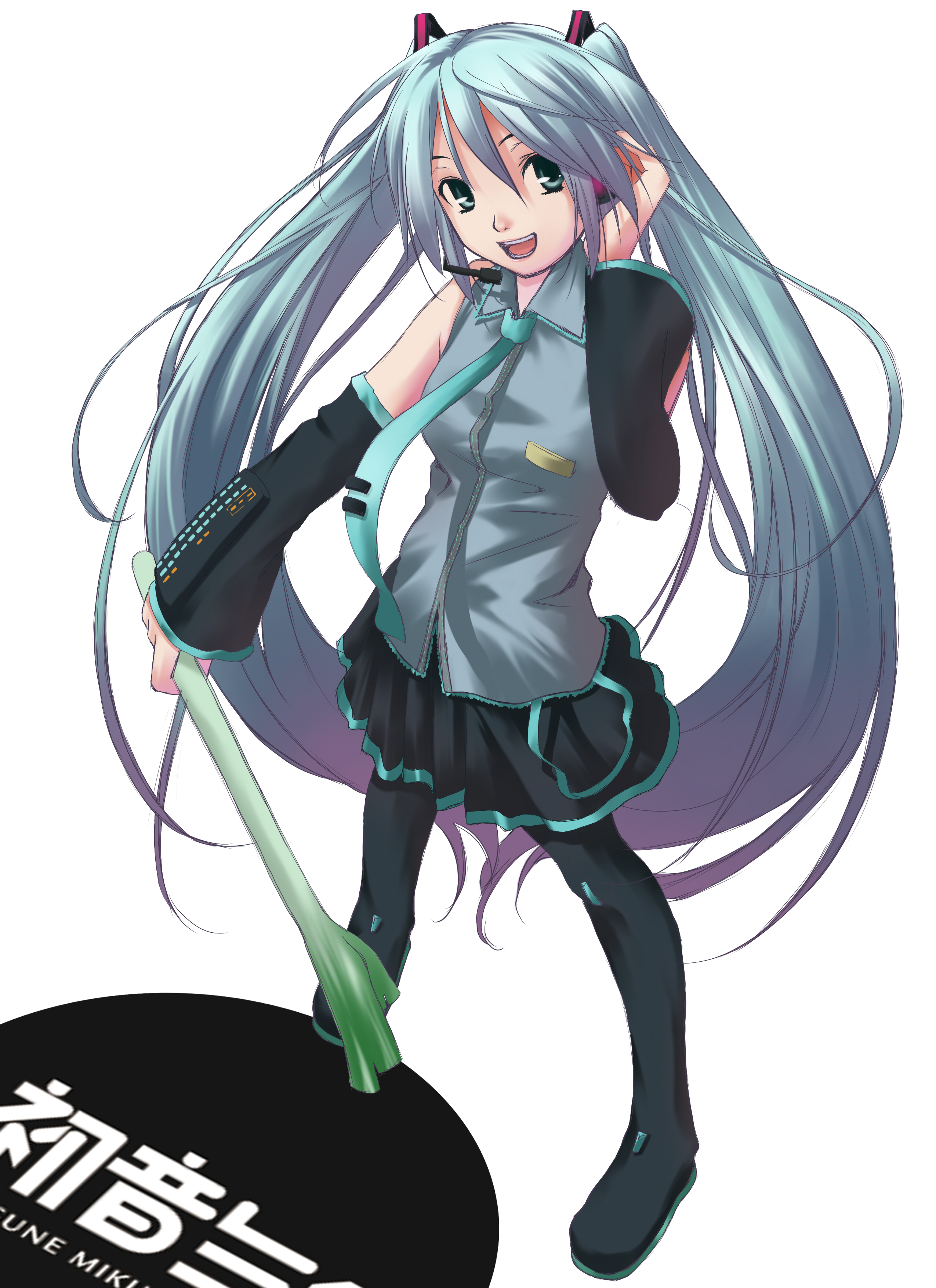 kobuta, hatsune miku, vocaloid, absurdres, highres, 1girl, aqua hair, female focus, long hair, solo, thighhighs, twintails, very long hair