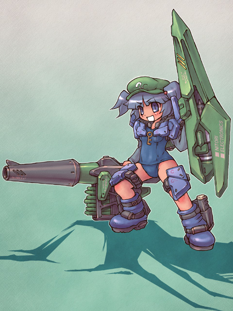 sankuma, kawashiro nitori, touhou, 1girl, arm cannon, blue hair, cucumber, female focus, hat, key, mecha musume, one-piece swimsuit, open mouth, school swimsuit, smile, solo, swimsuit, twintails, two side up, weapon