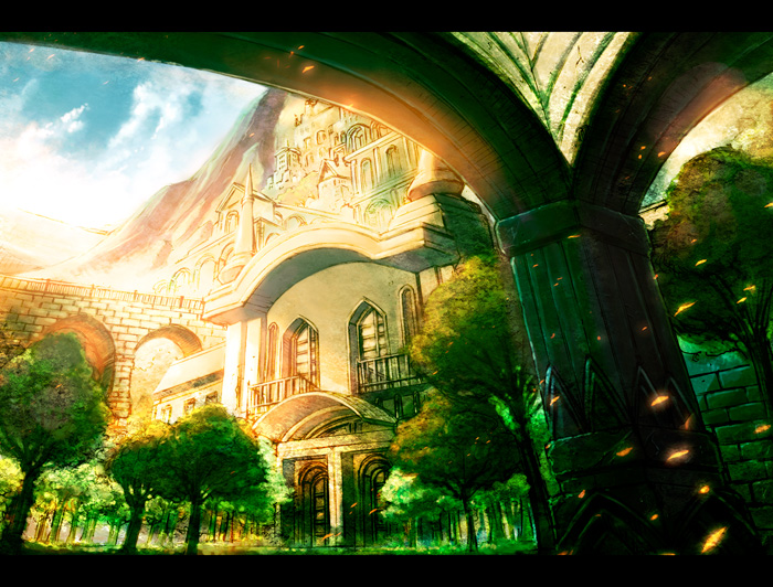 keiji asakawa, light, arch, architecture, cloud, day, leaf, no humans, scenery, sky, sun, tree, urban, window