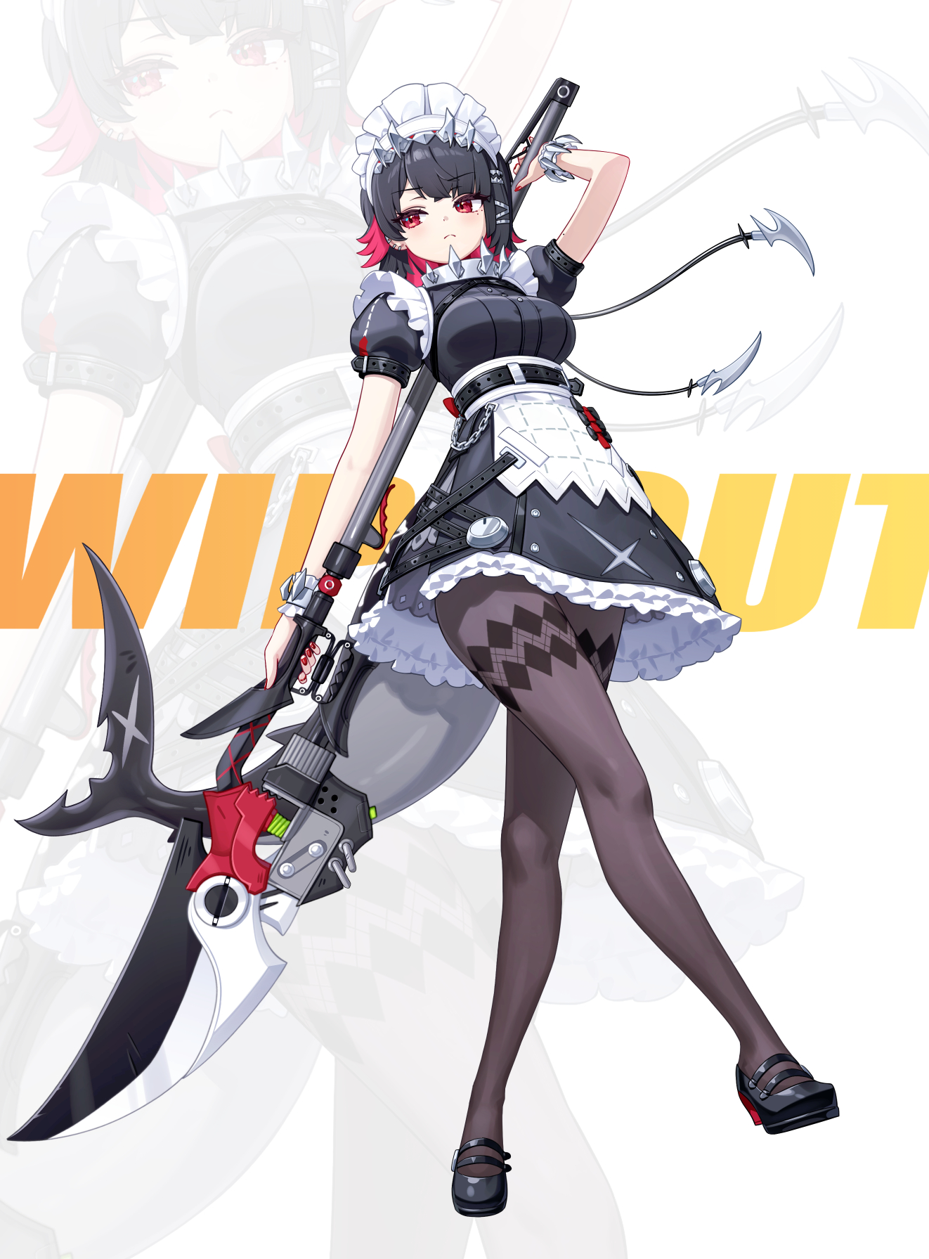 deadnooodles, ellen joe, zenless zone zero, highres, 1girl, arm up, black dress, black hair, black pantyhose, blush, closed mouth, colored inner hair, dress, fins, fish tail, frilled wristband, hair ornament, hairband, holding, holding weapon, maid, maid headdress, metal hairband, mole, mole on arm, mole under eye, multicolored hair, pantyhose, razor blade hair ornament, red eyes, red hair, red nails, scar, scar on tail, shark girl, shark tail, short hair, solo, spiked headband, standing, tail, two-tone hair, weapon