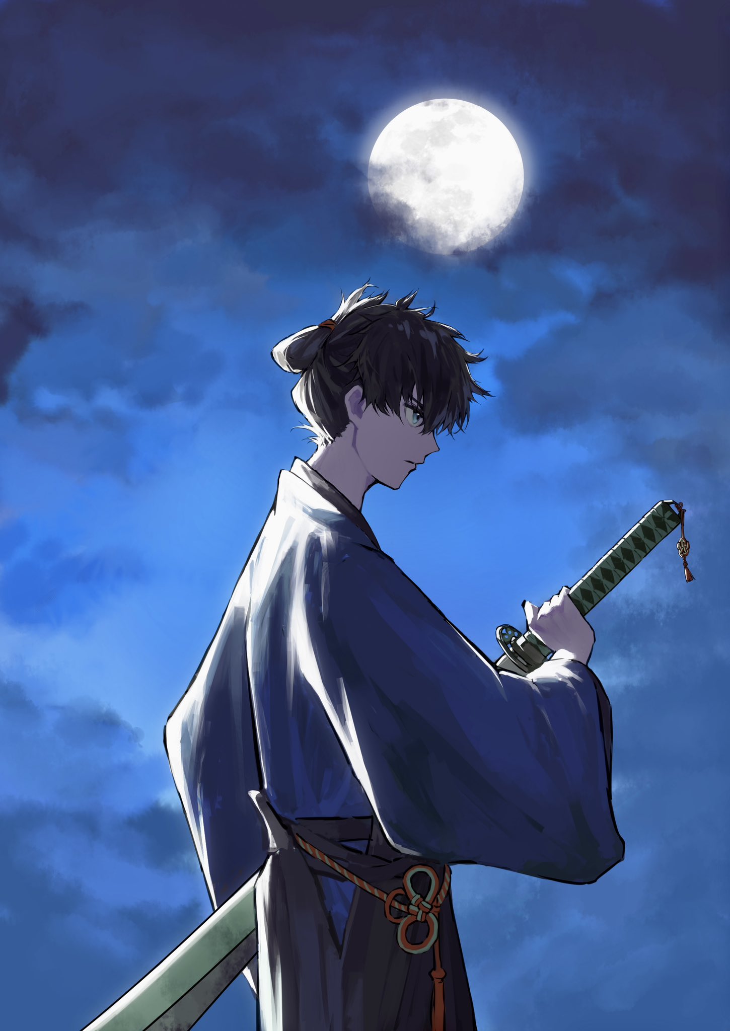 shuimian buzu renjian, miyamoto iori (fate), fate/grand order, fate/samurai remnant, fate (series), highres, 1boy, black hair, blue eyes, blue kimono, blue sky, cloud, drawing sword, full moon, hakama, holding, holding sword, holding weapon, japanese clothes, katana, kimono, looking to the side, male focus, moon, night, profile, sky, solo, sword, topknot, upper body, weapon
