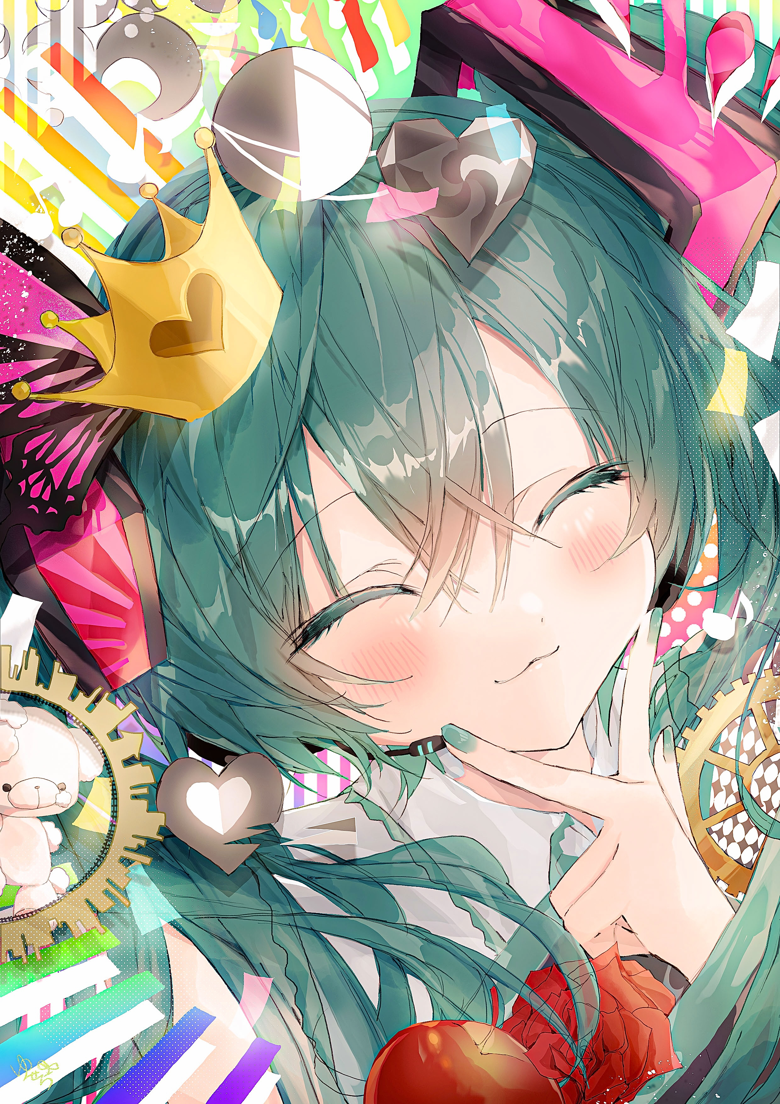 ruki kurage, hatsune miku, vocaloid, absurdres, highres, 1girl, :3, aqua hair, blush, closed eyes, closed mouth, crown, eighth note, facing viewer, gears, hair between eyes, hair ornament, heart, long hair, mini crown, musical note, nail polish, necktie, portrait, shirt, smile, solo, stuffed animal, stuffed toy, teddy bear, twintails, v, v over mouth
