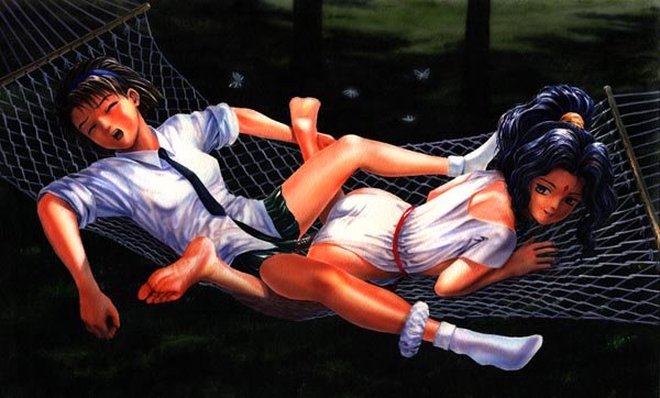 miwa tamao, alielle, jinnai nanami, el hazard, white legwear, 1990s (style), 2girls, blouse, blue hair, blush, collared shirt, dildo, double dildo, feet, hammock, legs, leotard, miniskirt, multiple girls, necktie, panties, panty pull, ponytail, retro artstyle, sex toy, shared object insertion, shirt, skirt, sleeping, sleeves rolled up, socks, spread legs, underwear, white shirt, yuri