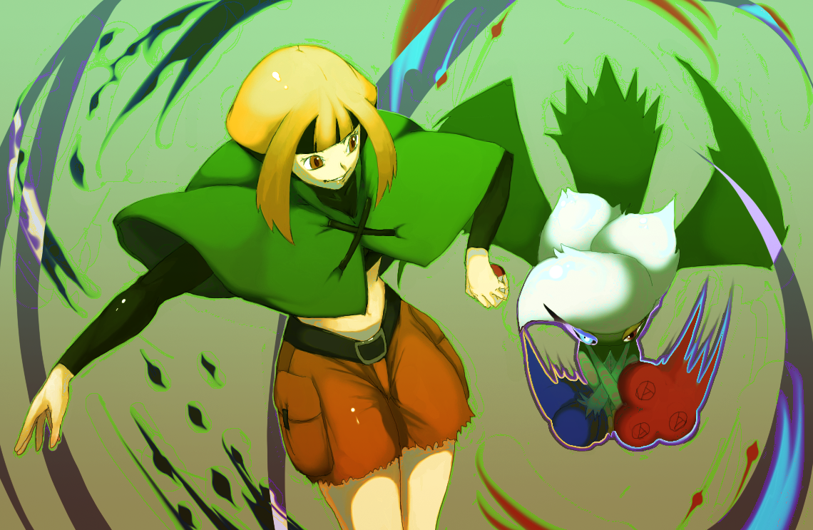 nakabakoban, gardenia (pokemon), roserade, nintendo, pokemon, bad id, bad pixiv id, 1girl, belt, brown eyes, capelet, gen 4 pokemon, green capelet, gym leader, headband, holding, holding poke ball, midriff, orange hair, poke ball, pokemon (creature), short hair, shorts, smile
