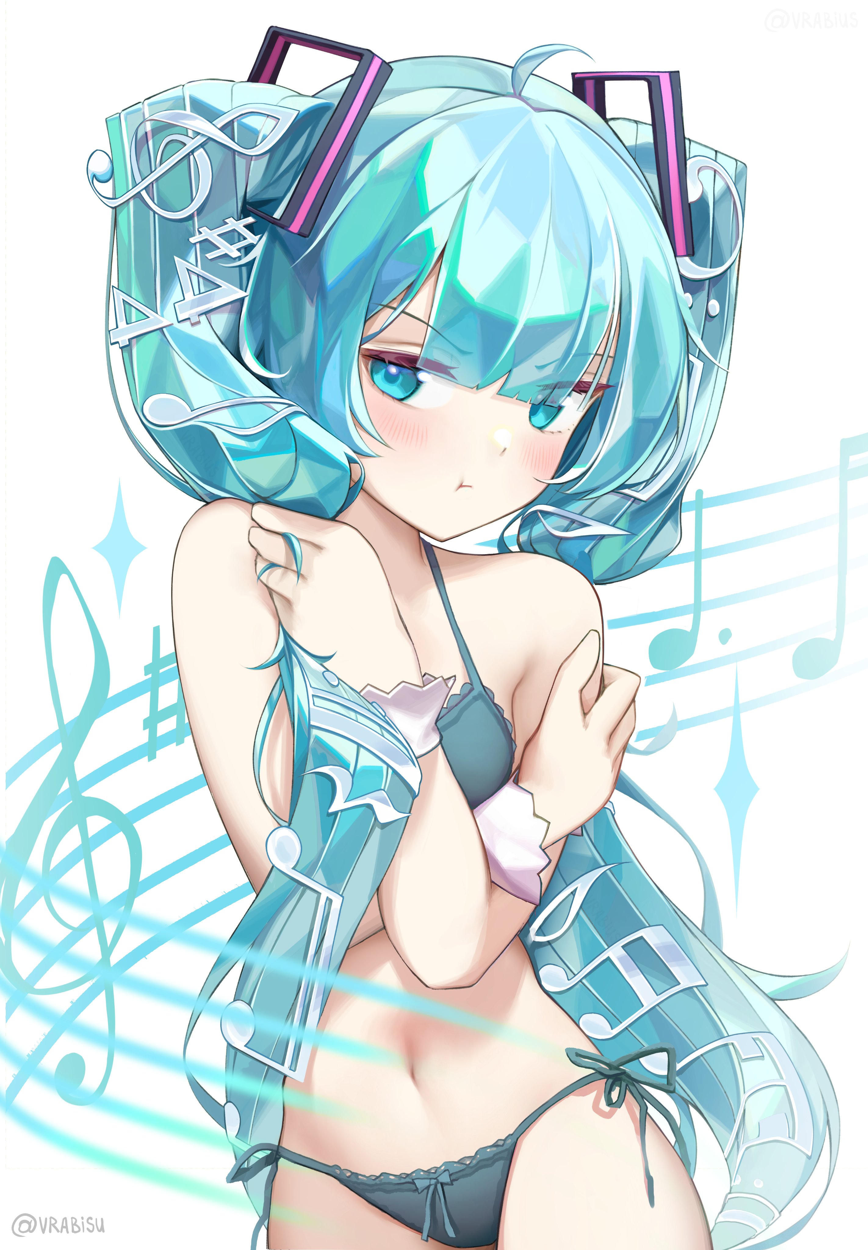vrabius, hatsune miku, vocaloid, absurdres, highres, 1girl, aqua bra, aqua eyes, aqua hair, aqua panties, bare arms, bare shoulders, bra, closed mouth, cowboy shot, dot nose, long hair, looking at viewer, navel, panties, petite, pout, side-tie panties, simple background, solo, stomach, twintails, underwear, underwear only, very long hair, white background