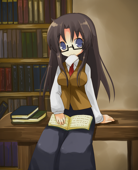 yuzuki (yuduame), yomiko readman, read or die, 00s, 1girl, book, book on lap, female focus, glasses, hair intakes, indoors, long hair, looking at viewer, mouth hold, semi-rimless eyewear, solo, under-rim eyewear, vest, waistcoat