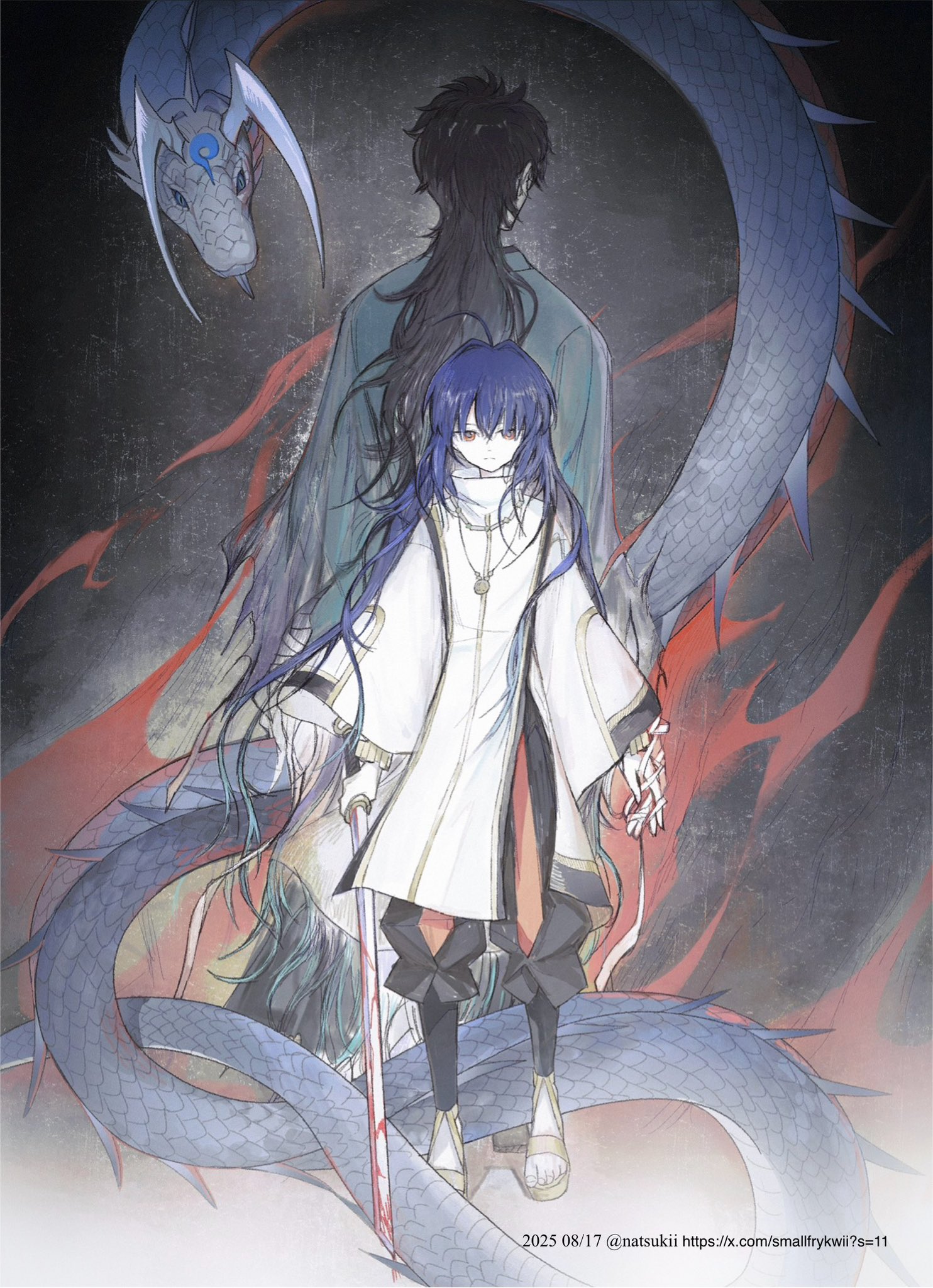 natsukiki, miyamoto iori (fate), yamato takeru (fate), fate/grand order, fate/samurai remnant, fate (series), highres, 1boy, 1other, ahoge, androgynous, back-to-back, bandages, black hair, black hakama, blood, blood on hands, blue hair, blue kimono, dragon, eastern dragon, full body, hair down, hakama, japanese clothes, kimono, long hair, orange eyes, standing, sword, weapon
