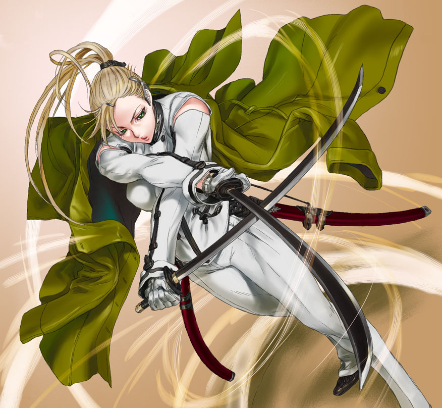 dreamdust, fujiwara hisashi, 1girl, blonde hair, breasts, coat, dual wielding, female focus, gloves, green eyes, holding, jacket, katana, pants, ponytail, solo, sword, trench coat, weapon
