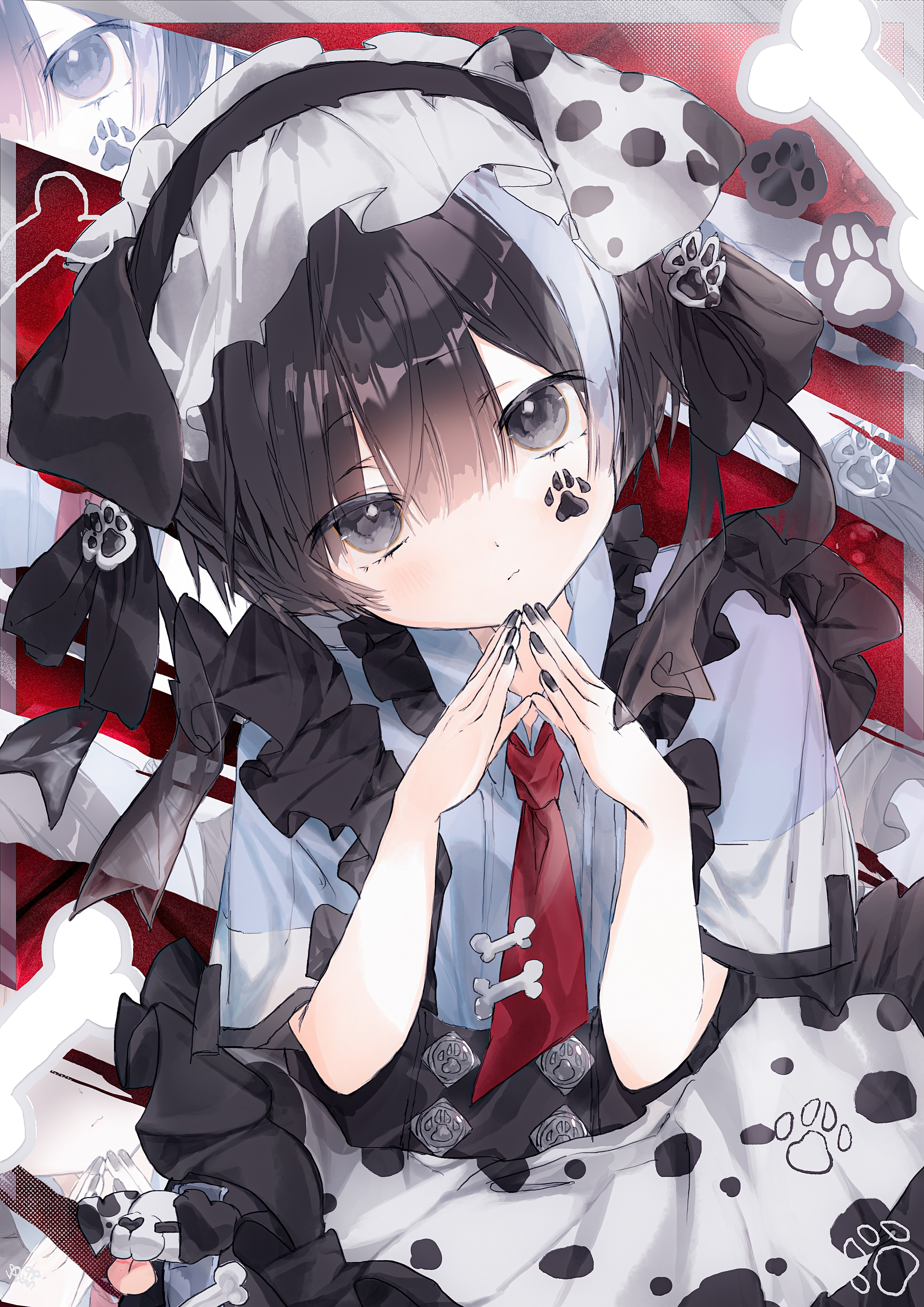 ruki kurage, original, absurdres, highres, 1girl, androgynous, animal ears, black eyes, black hair, crossdressing, dalmatian, dog ears, lolita fashion, looking at viewer, maid, multicolored hair, necktie, paw print, red necktie, short hair, solo
