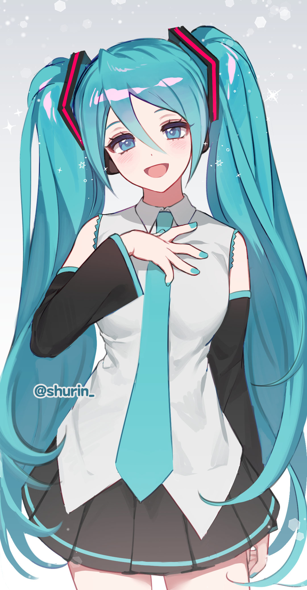 shu rin, hatsune miku, vocaloid, highres, 1girl, aqua eyes, aqua hair, aqua nails, aqua necktie, aqua trim, black skirt, blush, breasts, collared shirt, detached sleeves, hair between eyes, hair ornament, hand on own chest, headset, long hair, long sleeves, looking at viewer, medium breasts, miku day, miniskirt, necktie, open mouth, pleated skirt, shirt, skirt, sleeveless, sleeveless shirt, smile, solo, twintails, twitter username, very long hair, white shirt, wide sleeves