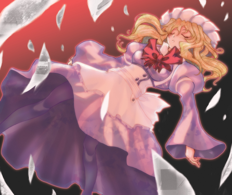 hase nanase, maribel hearn, yakumo yukari, ghostly field club, touhou, shatter, 1girl, apron, bow, bowtie, expressionless, female focus, from below, glass, hat, juliet sleeves, long hair, long sleeves, mob cap, outstretched arms, puffy long sleeves, puffy sleeves, red bow, red bowtie, red eyes, solo, standing, waist apron