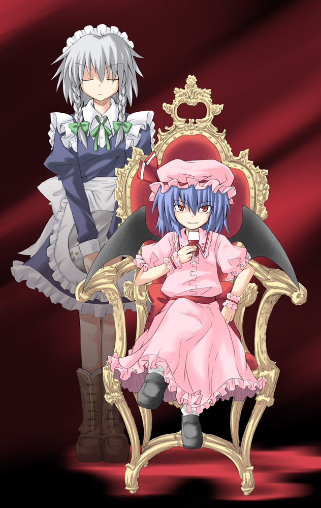 isaki, iseki mitsuharu, izayoi sakuya, remilia scarlet, touhou, silver hair, 2girls, alcohol, apron, bat wings, blue hair, braid, crossed legs, cup, drinking glass, female focus, hat, maid, maid apron, maid headdress, mob cap, multiple girls, pink hat, red eyes, ribbon, short hair, sitting, tea, throne, tray, vampire, wine, wine glass, wings
