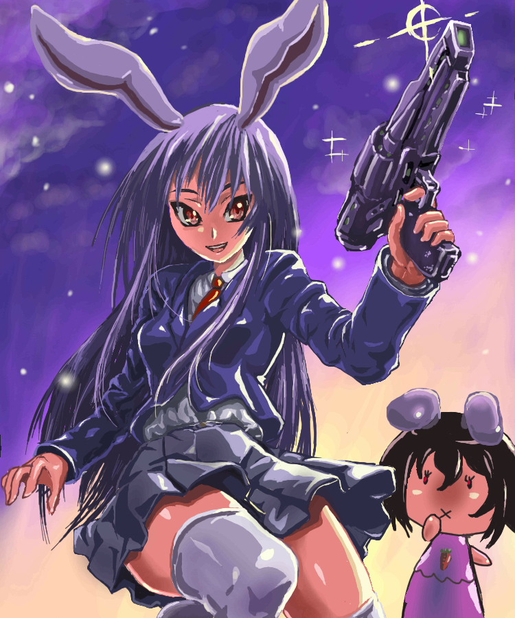 kabutoyama, inaba tewi, reisen udongein inaba, touhou, 2girls, animal ears, cloud, female focus, gradient background, gun, multiple girls, outdoors, rabbit ears, sky, standing, thighhighs, weapon